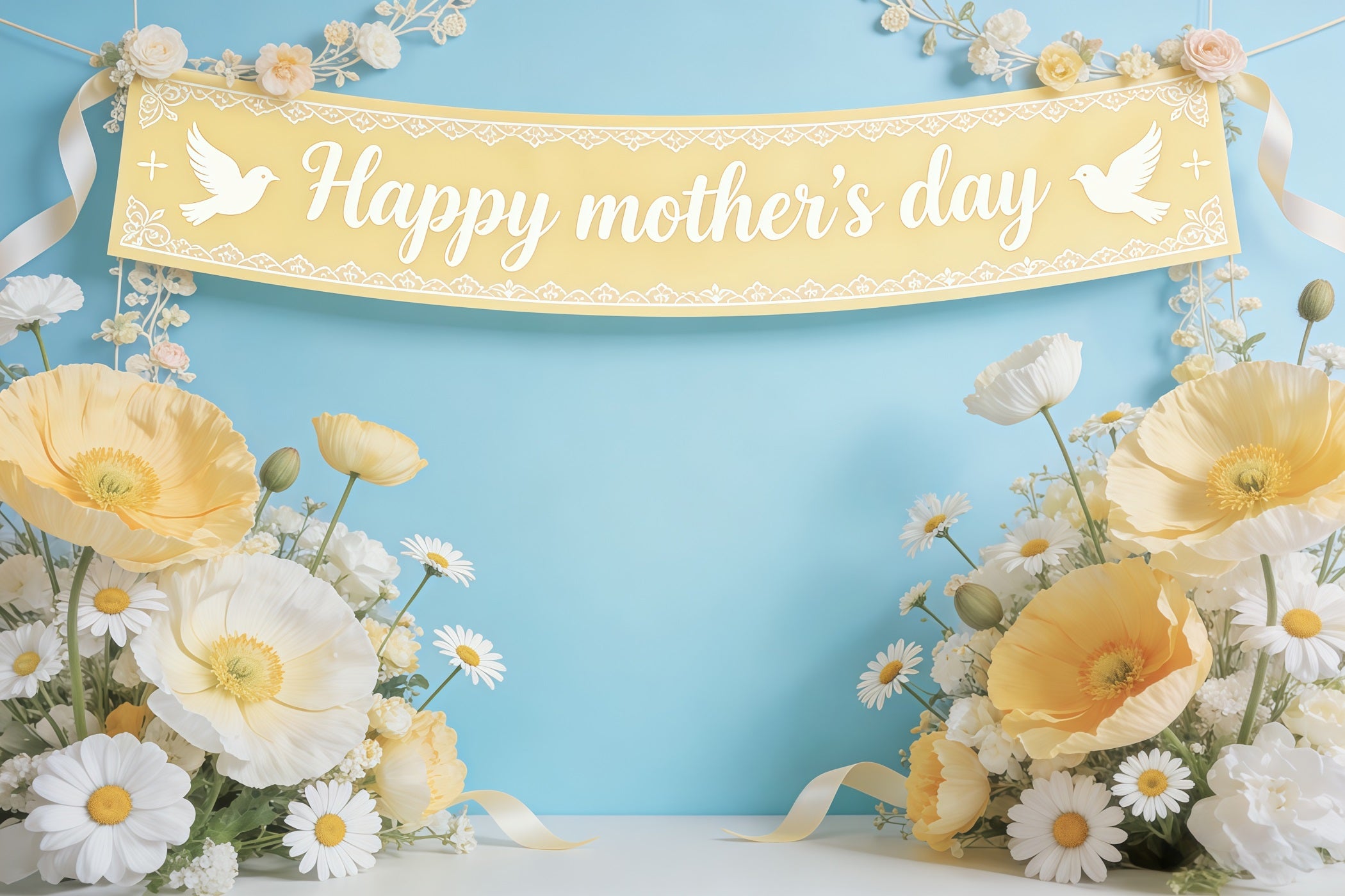 Mother's Day Backdrop For Church Blue Daisy Poppy Banner Photo Backdrops For Mothers Day CSH63-91