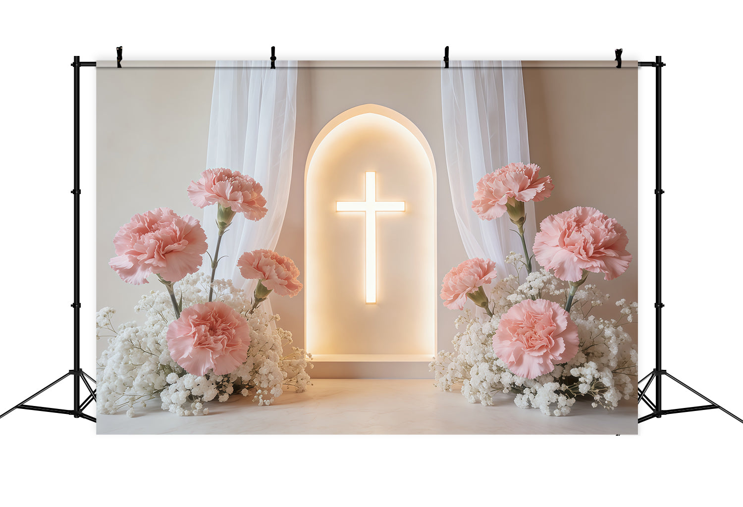 Mothers Day Backdrop For Church Glowing Carnation Cross Arch Backdrop Mother's Day CSH63-93