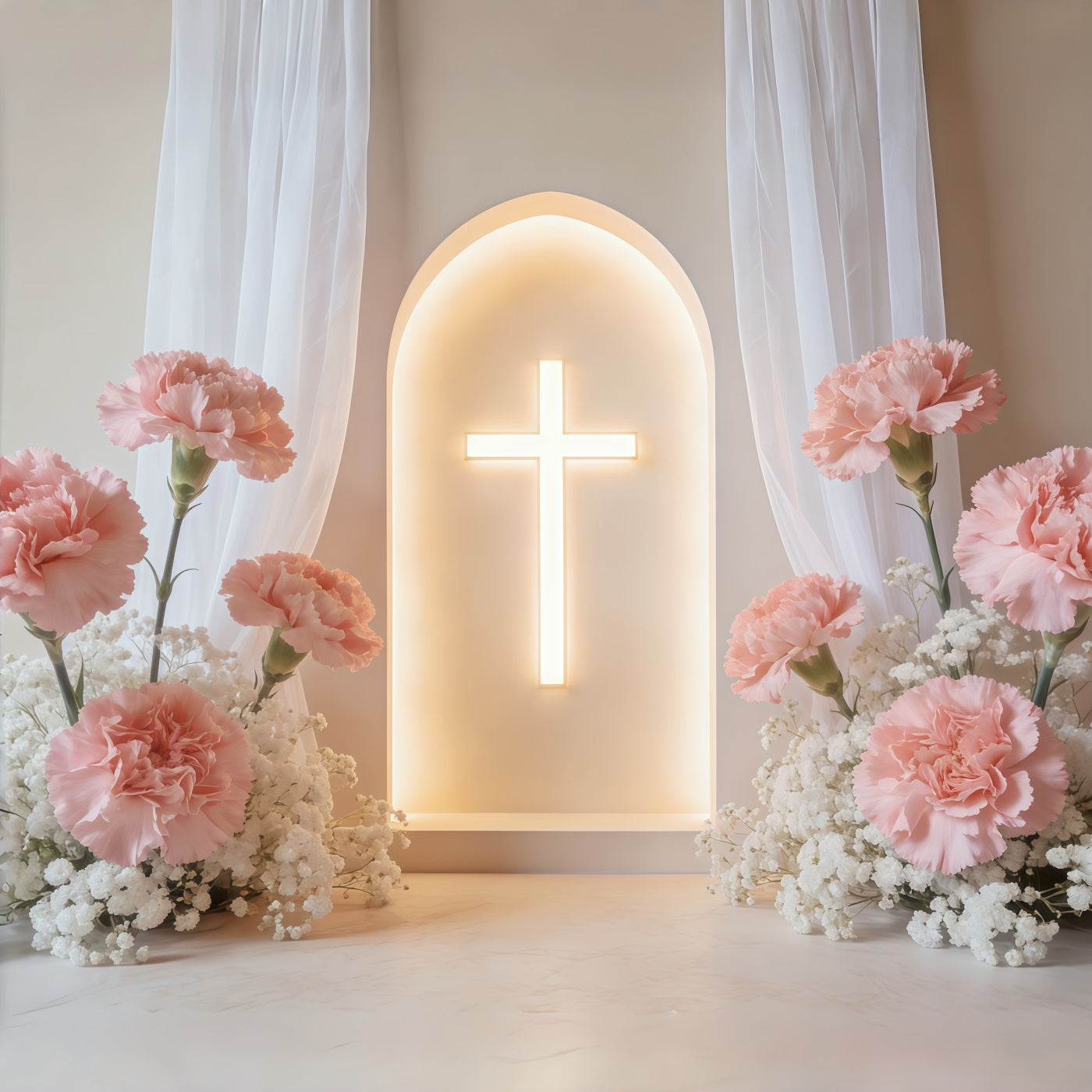 Mothers Day Backdrop For Church Glowing Carnation Cross Arch Backdrop Mother's Day CSH63-93