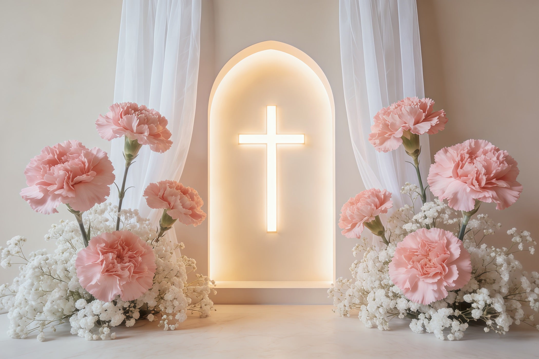 Mothers Day Backdrop For Church Glowing Carnation Cross Arch Backdrop Mother's Day CSH63-93