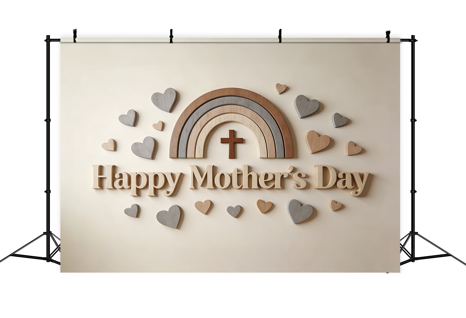 Church Mother's Day Backdrop Ideas Neutral Wooden Rainbow Hearts Backdrop For Mothers Day CSH63-94