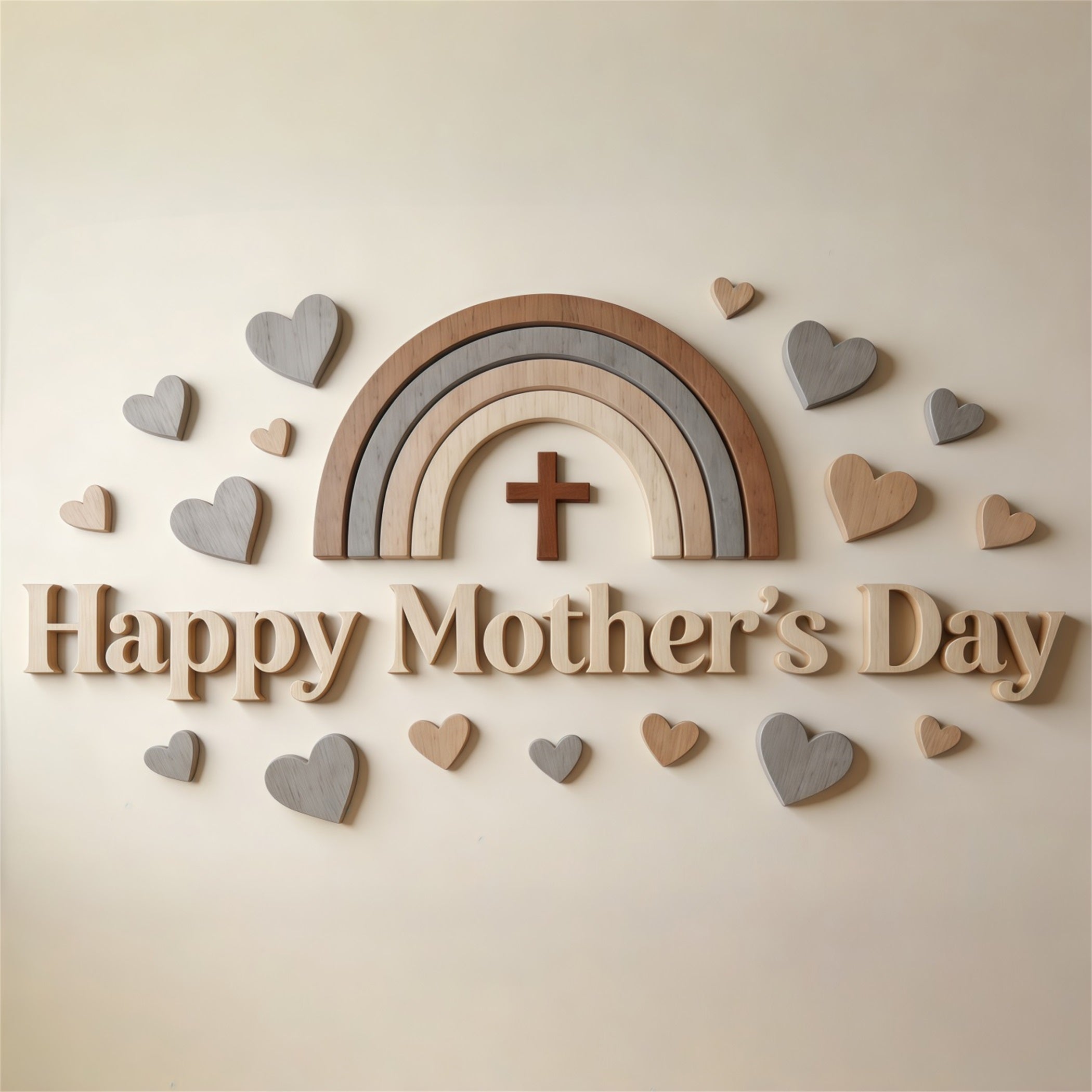 Church Mother's Day Backdrop Ideas Neutral Wooden Rainbow Hearts Backdrop For Mothers Day CSH63-94