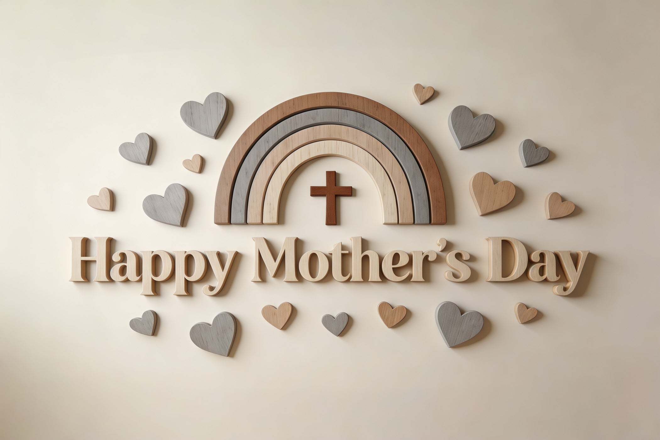 Church Mother's Day Backdrop Ideas Neutral Wooden Rainbow Hearts Backdrop For Mothers Day CSH63-94