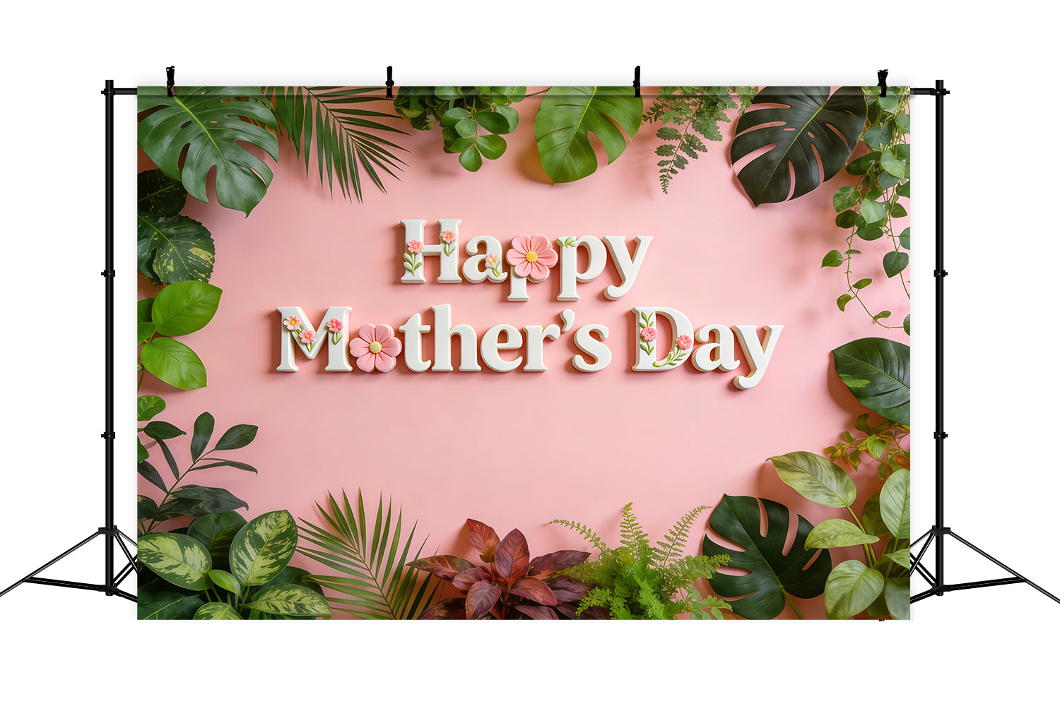 Church Mother's Day Backdrop Ideas Pink Tropical Leaves Floral Lettering Backdrop For Mothers Day CSH63-95