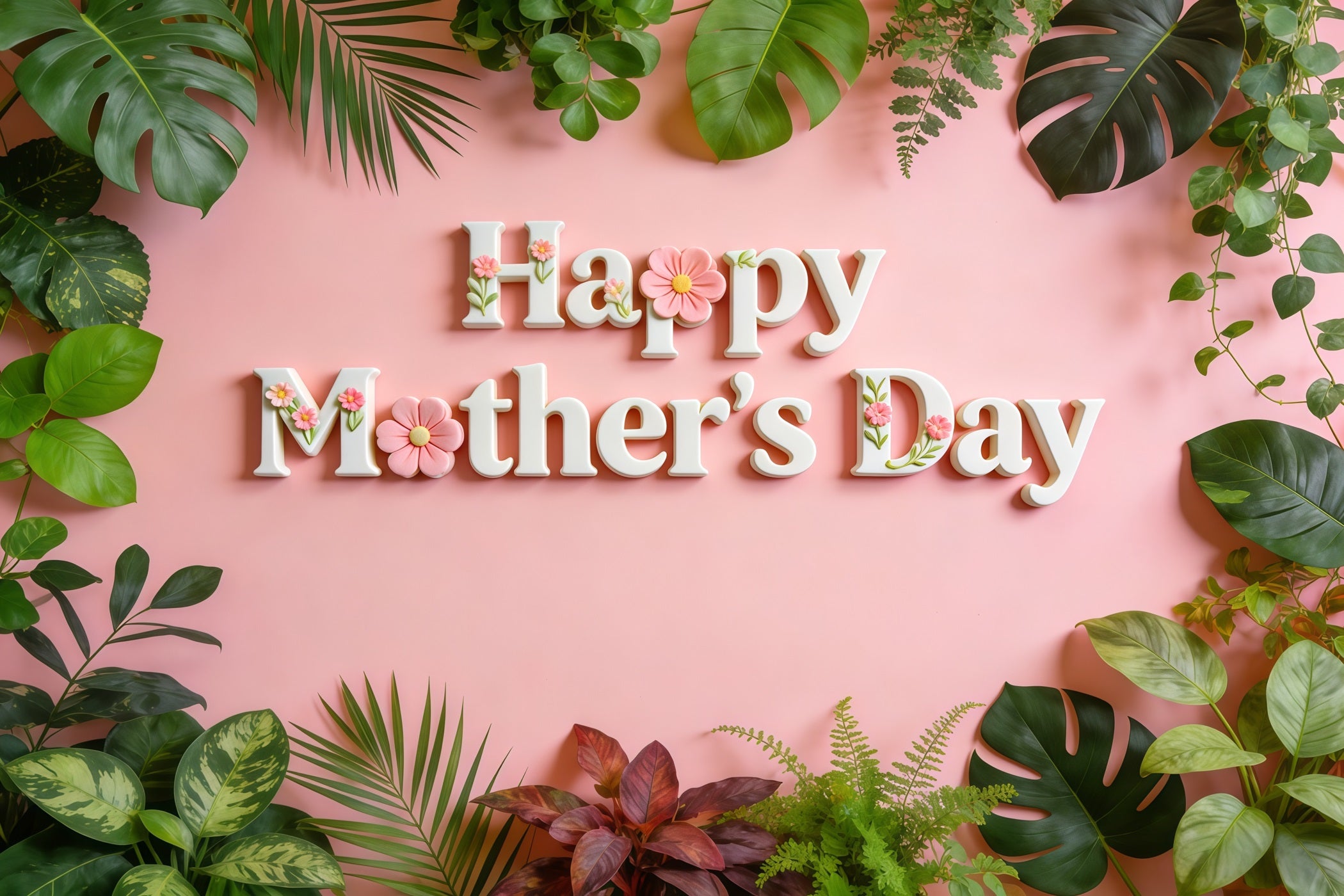 Church Mother's Day Backdrop Ideas Pink Tropical Leaves Floral Lettering Backdrop For Mothers Day CSH63-95