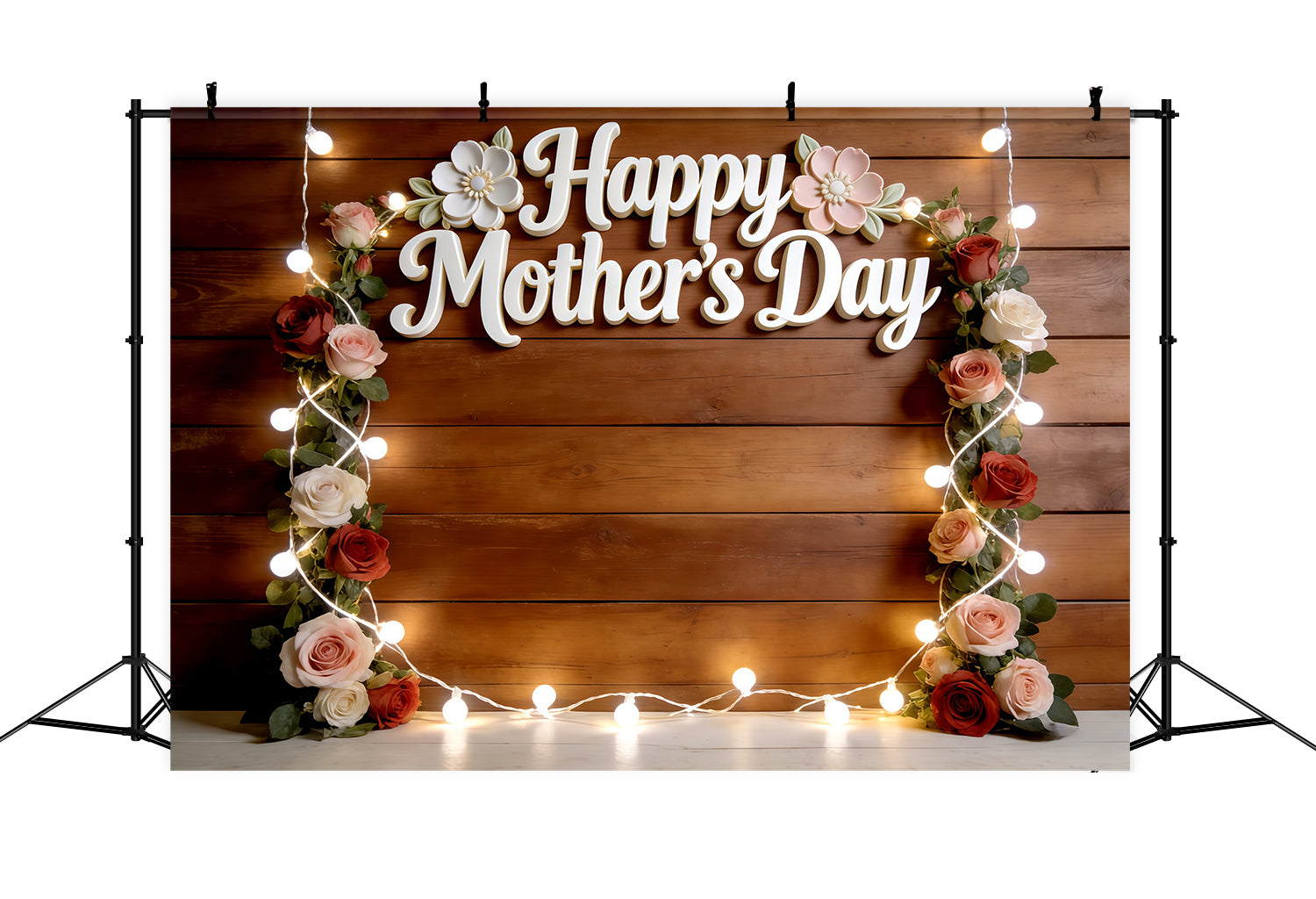 Church Mother's Day Backdrop Rustic Rose String Light Frame Mothers Day Picture Backdrop CSH63-96