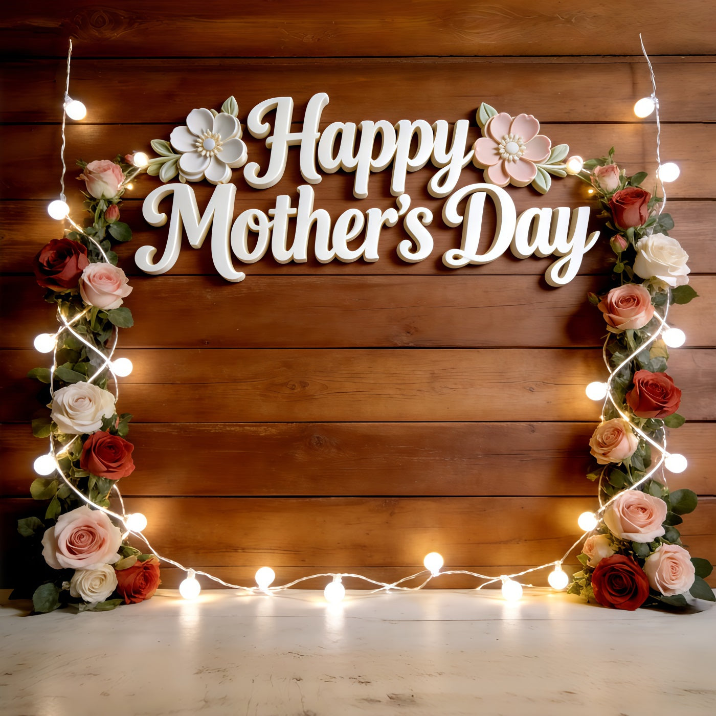 Church Mother's Day Backdrop Rustic Rose String Light Frame Mothers Day Picture Backdrop CSH63-96