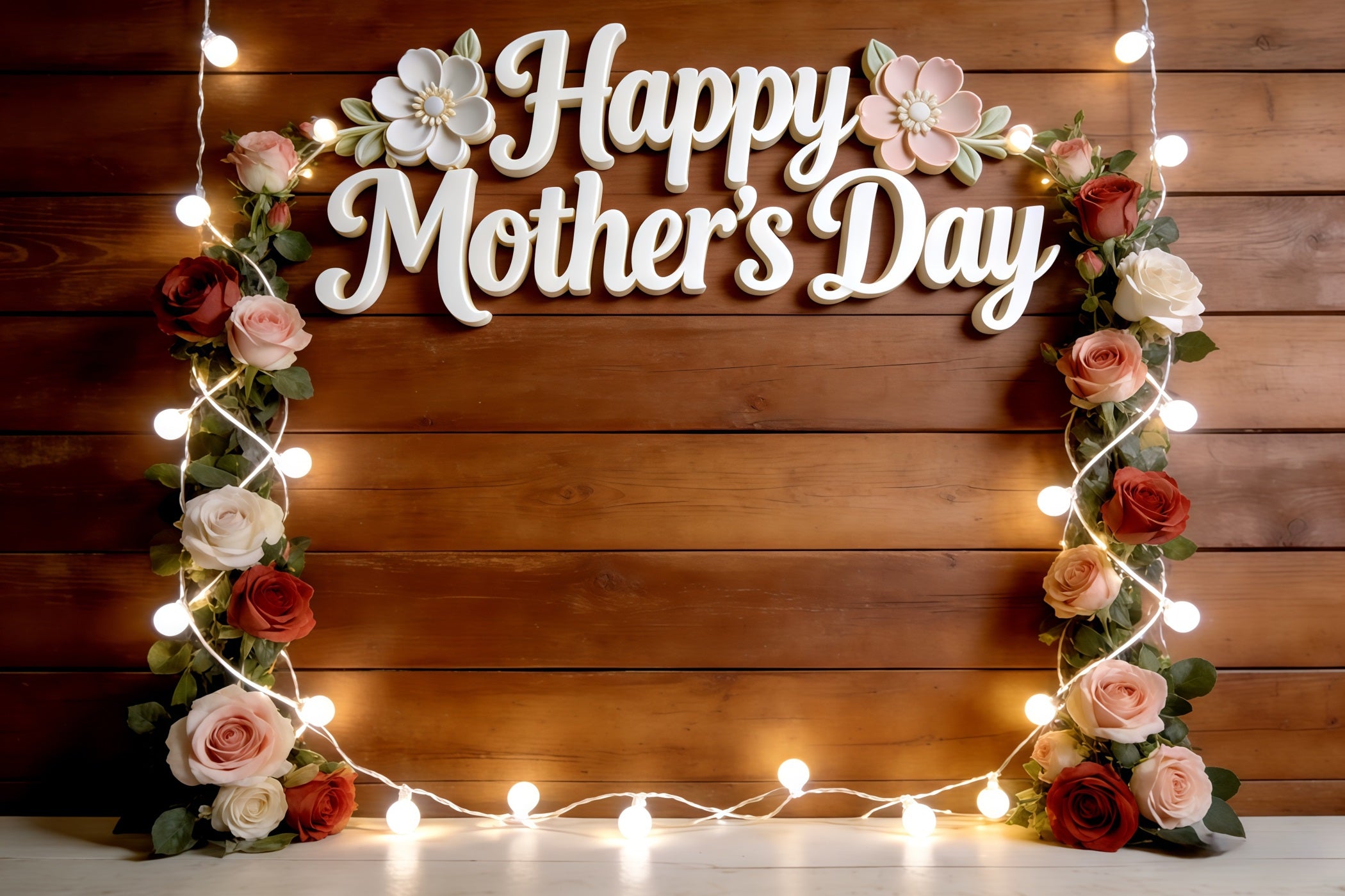 Church Mother's Day Backdrop Rustic Rose String Light Frame Mothers Day Picture Backdrop CSH63-96