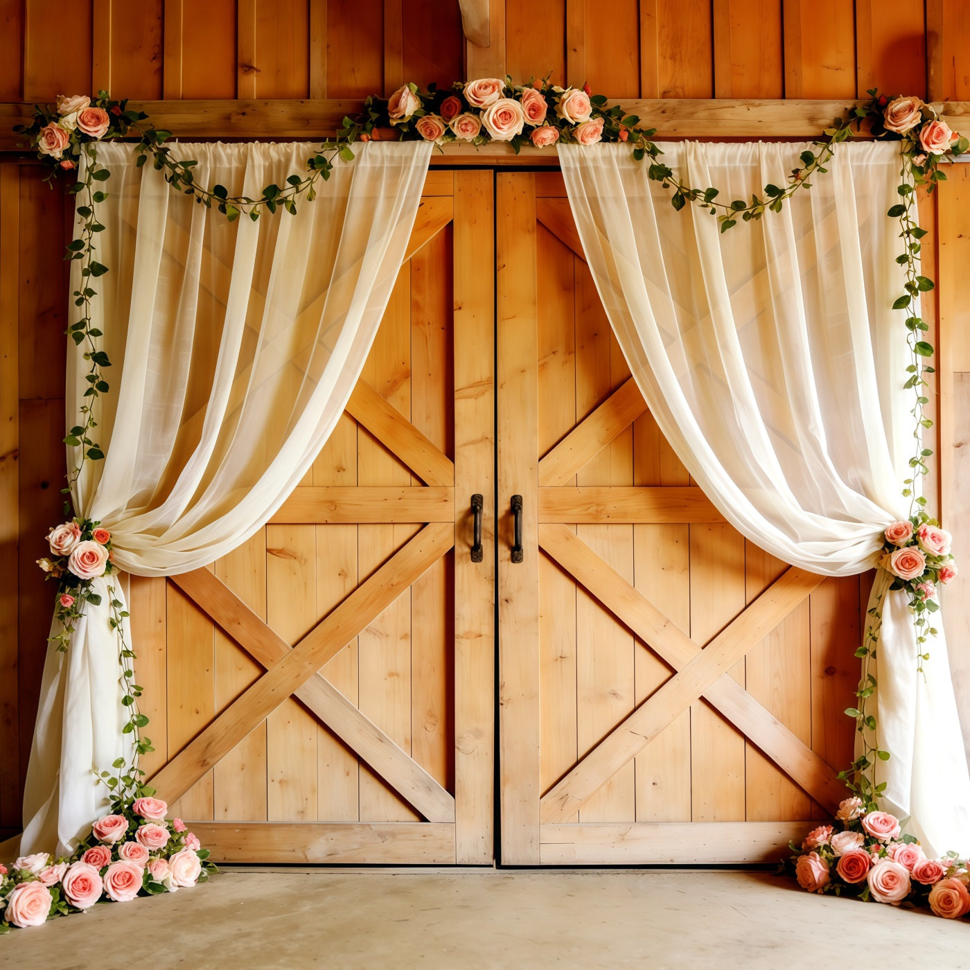 Church Mother's Day Backdrop Rustic Barn Door Rose Drapes Mothers Day Picture Backdrop CSH63-97