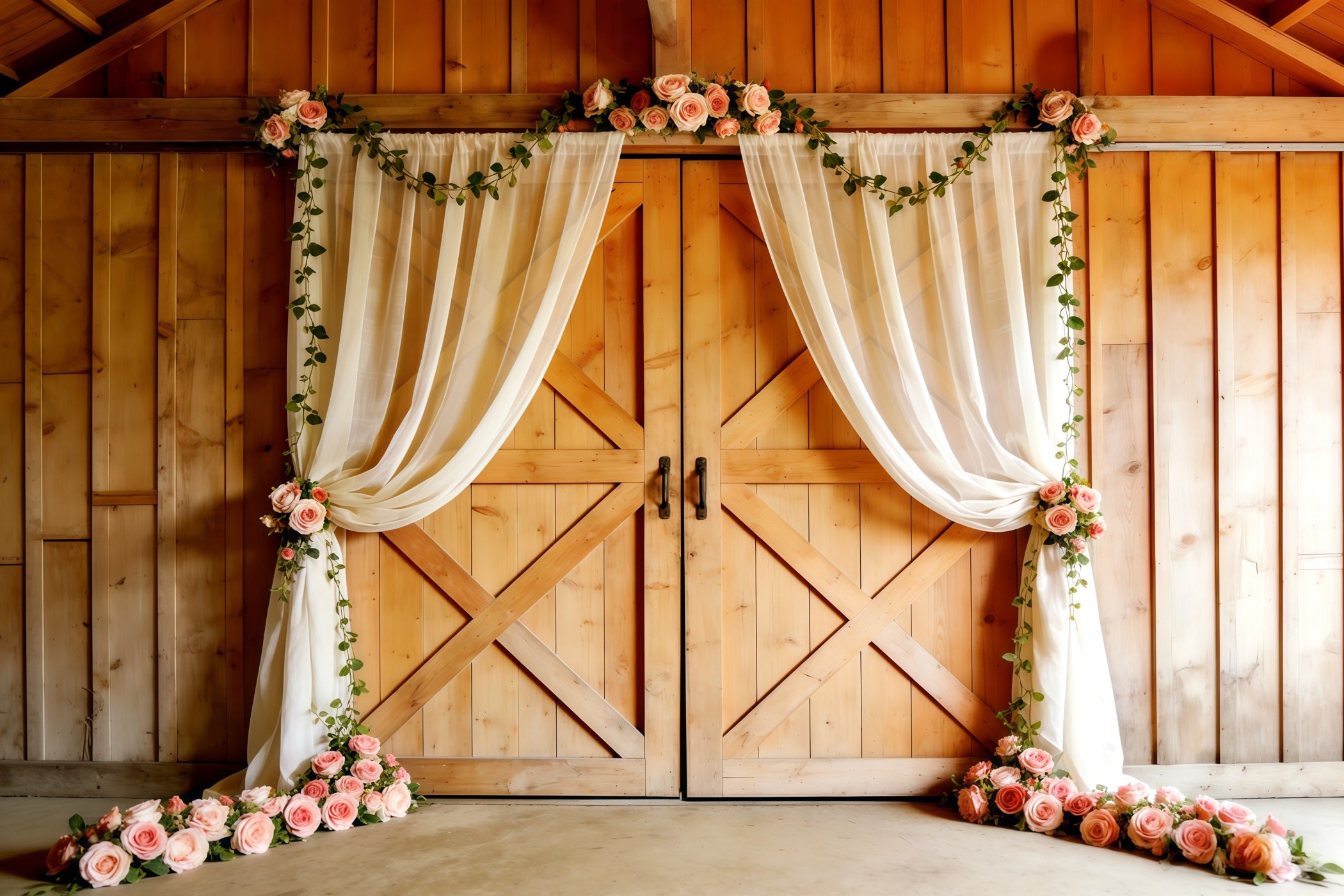 Church Mother's Day Backdrop Rustic Barn Door Rose Drapes Mothers Day Picture Backdrop CSH63-97