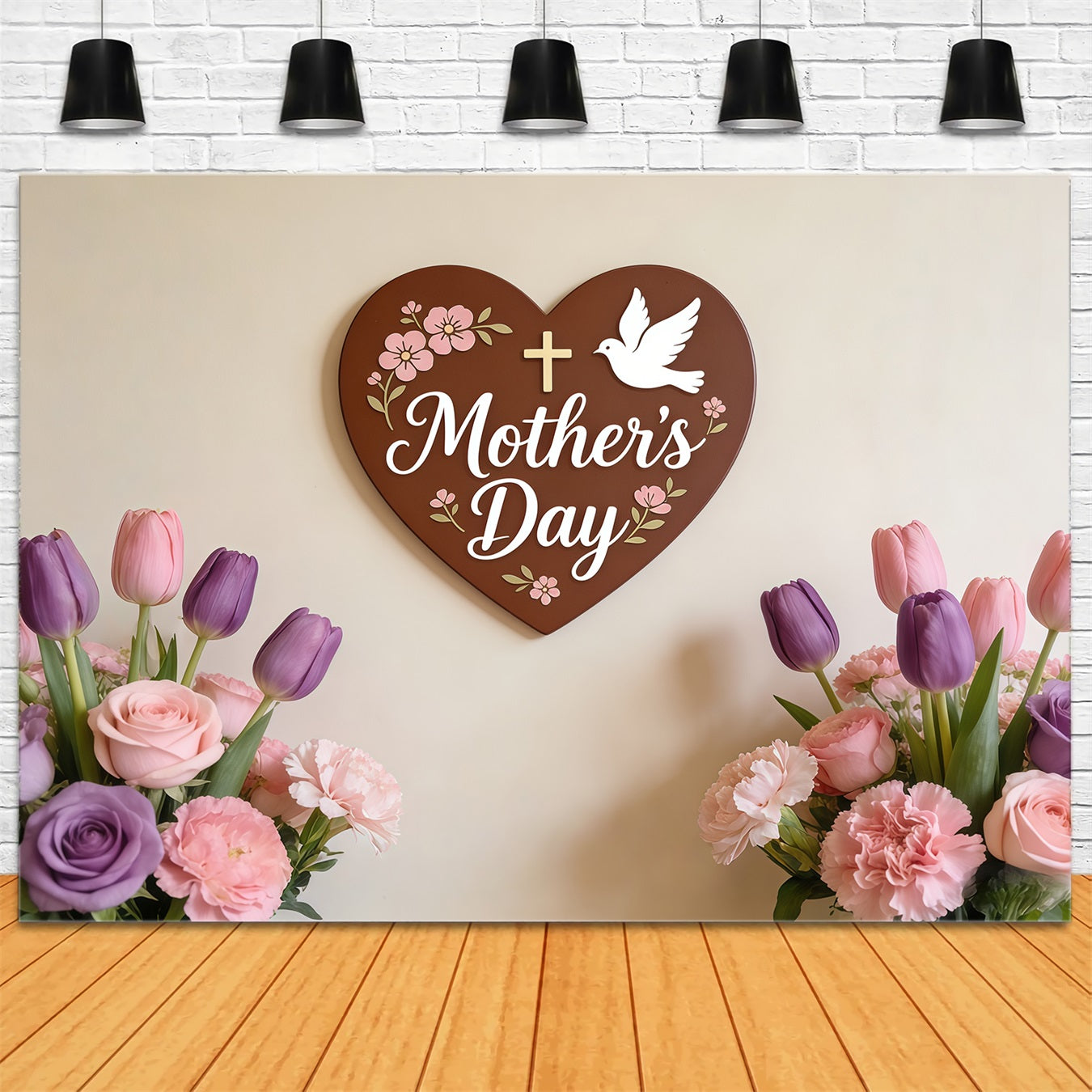Church Mother's Day Photo Backdrop Faith Heart Tulip Floral Plaque Photo Backdrop For Mothers Day CSH63-98