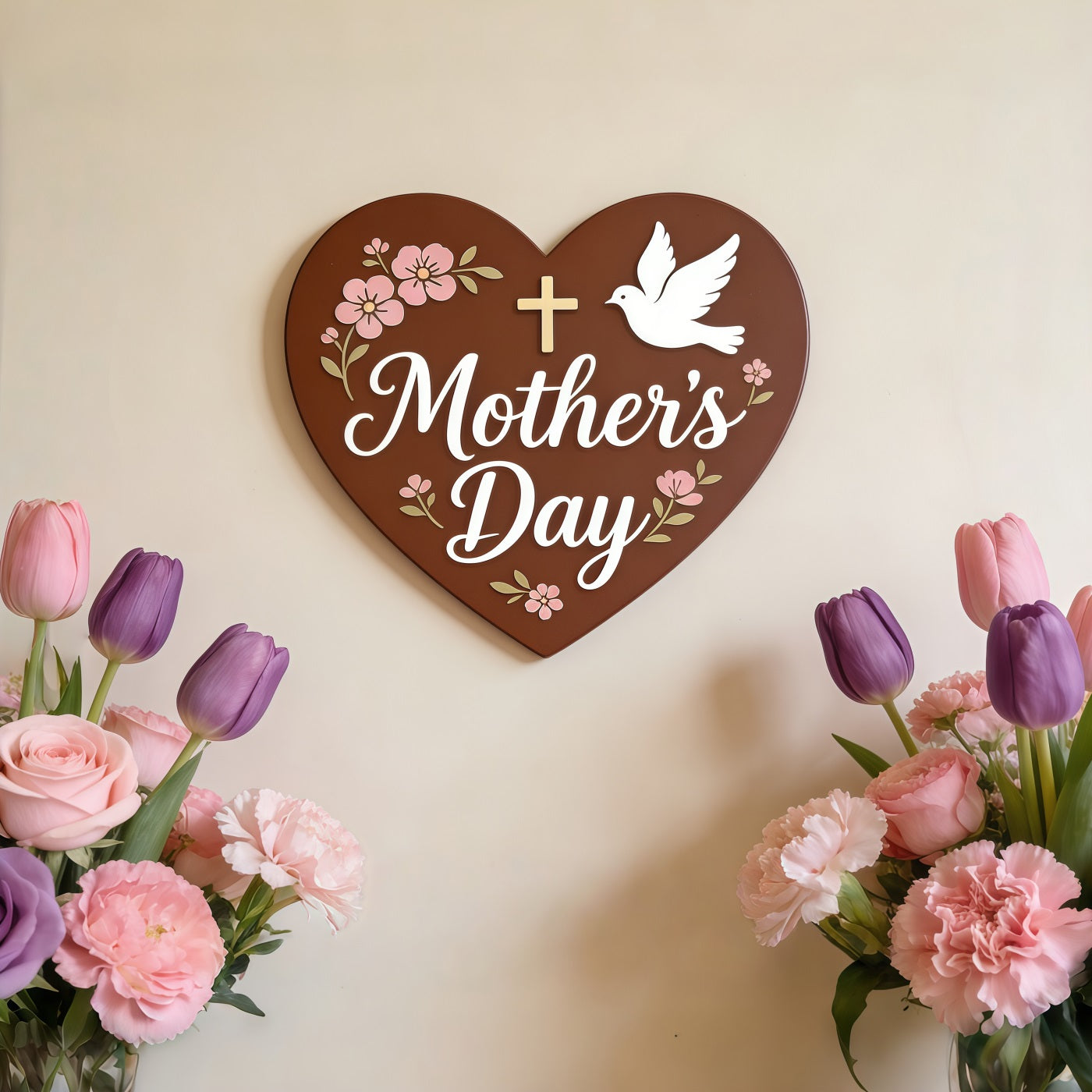 Church Mother's Day Photo Backdrop Faith Heart Tulip Floral Plaque Photo Backdrop For Mothers Day CSH63-98