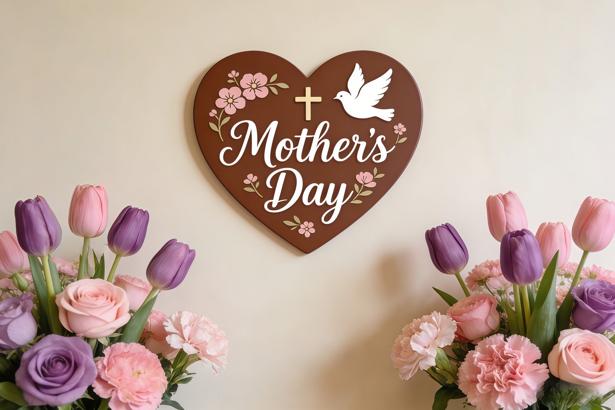 Church Mother's Day Photo Backdrop Faith Heart Tulip Floral Plaque Photo Backdrop For Mothers Day CSH63-98