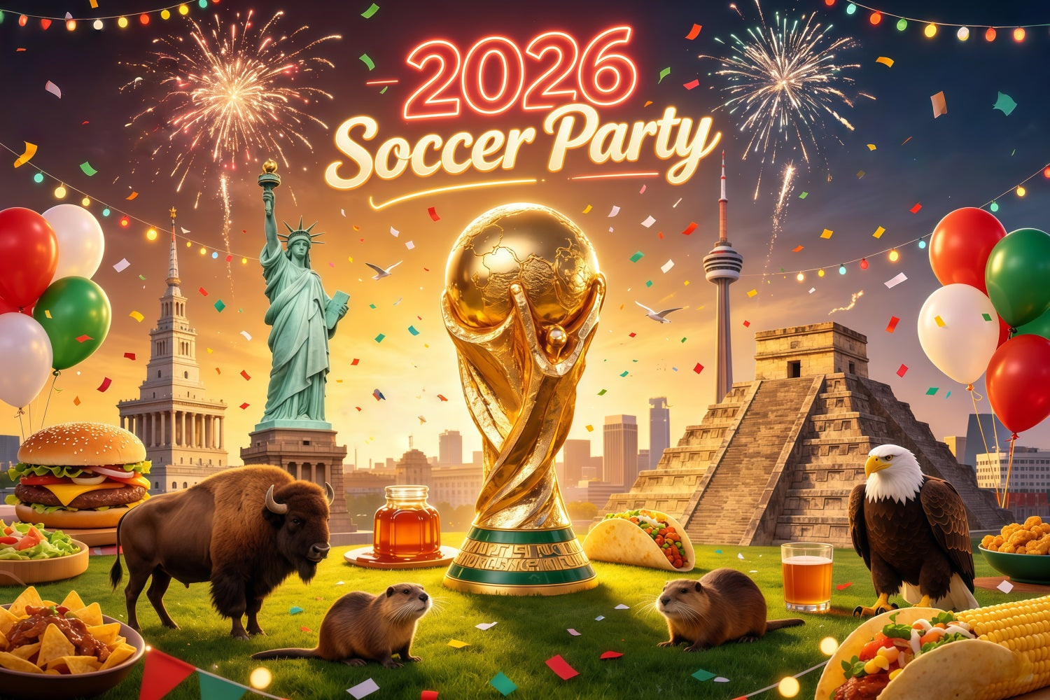 2026 Soccer Watch Party Backdrop North America Trophy Landmark Fiesta Customization 2026 Soccer Party Backdrop CSH64-103