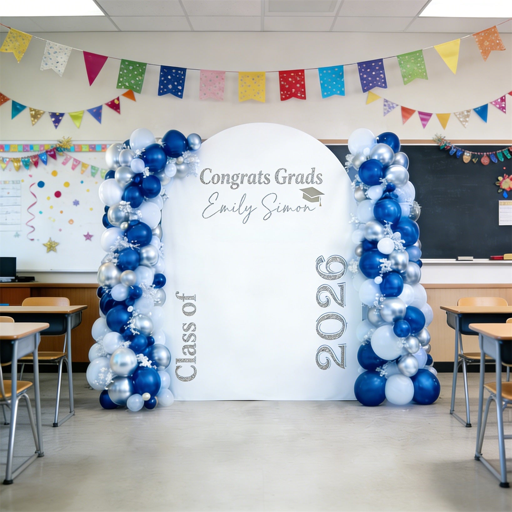 Fabric Graduation Backdrop White Silver Modern Layout Premium Fabric Graduation Backdrop CSH64-12