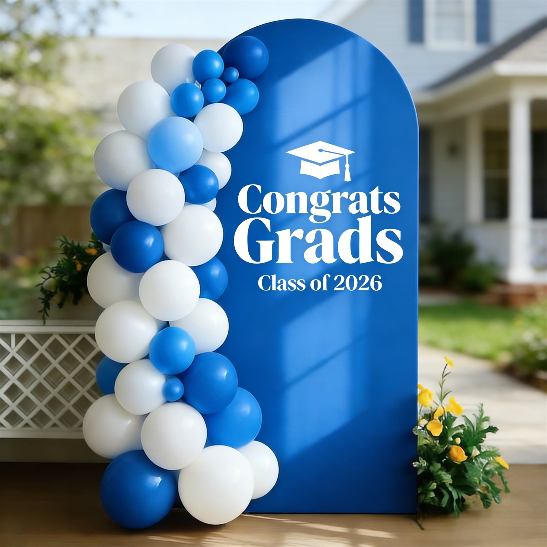 Custom Graduation Arch Backdrop Royal Blue White Text Graduation Arch
