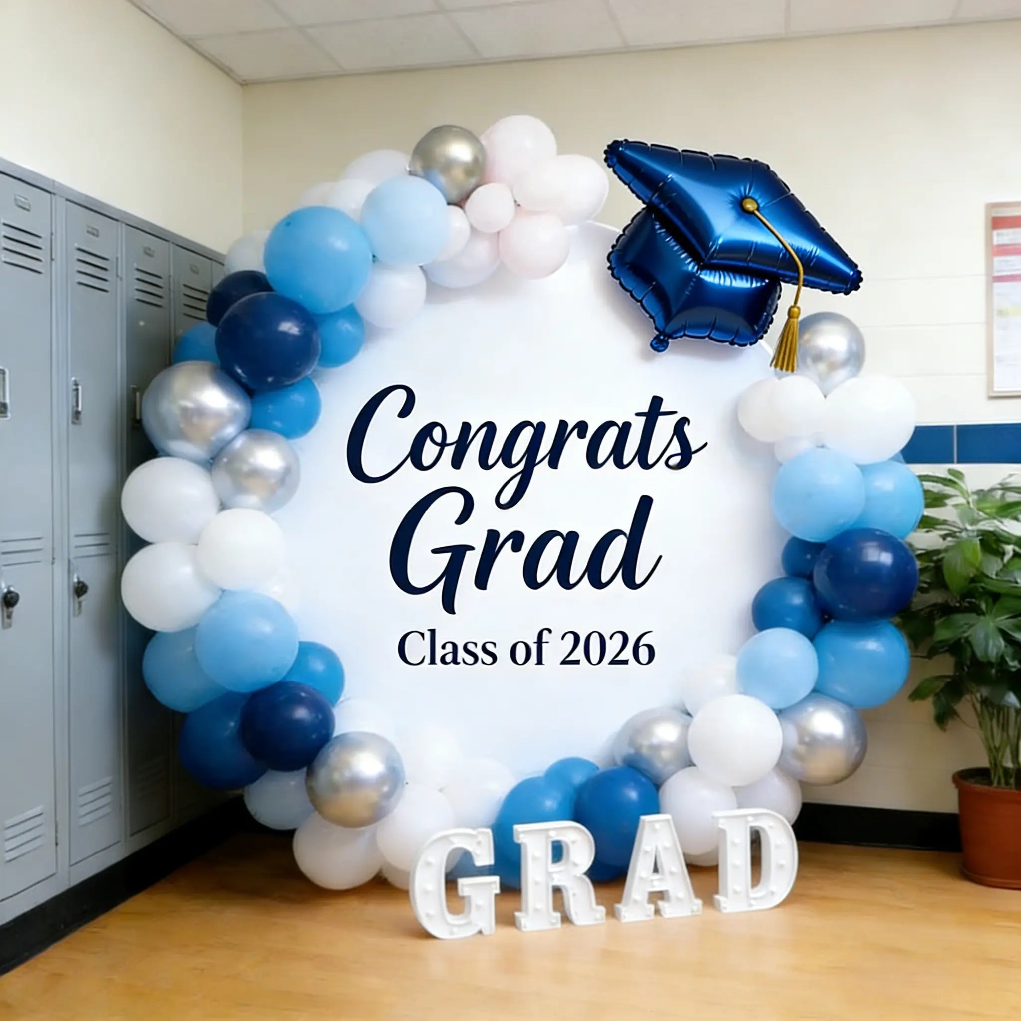 Senior Graduation Backdrop White Navy Class of 2026 Grad Round Senior Photo Backdrop CSH64-35