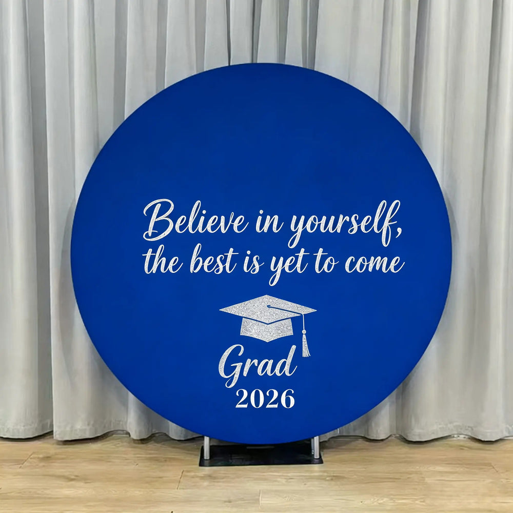 Graduation Photo Booth Backdrop Blue Silver Grad Round Custom Graduati