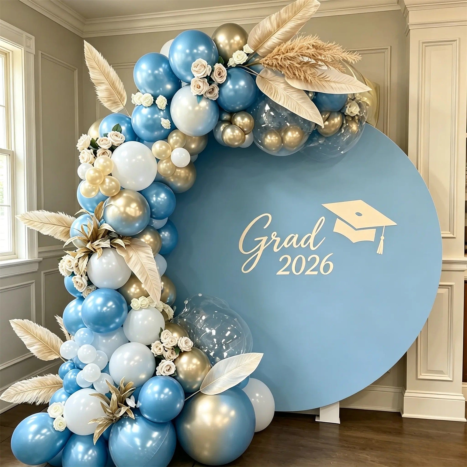 Graduation Welcome Backdrop Light Blue Minimalist Round Custom Graduat