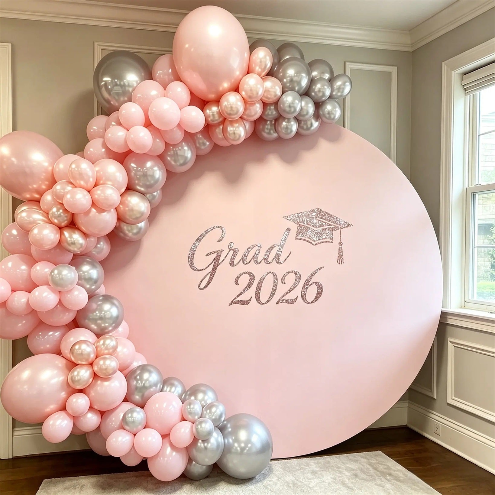 Graduation Backdrop For Stage Pink Glitter Grad 2026 Round Graduation Stage Backdrop CSH64-47