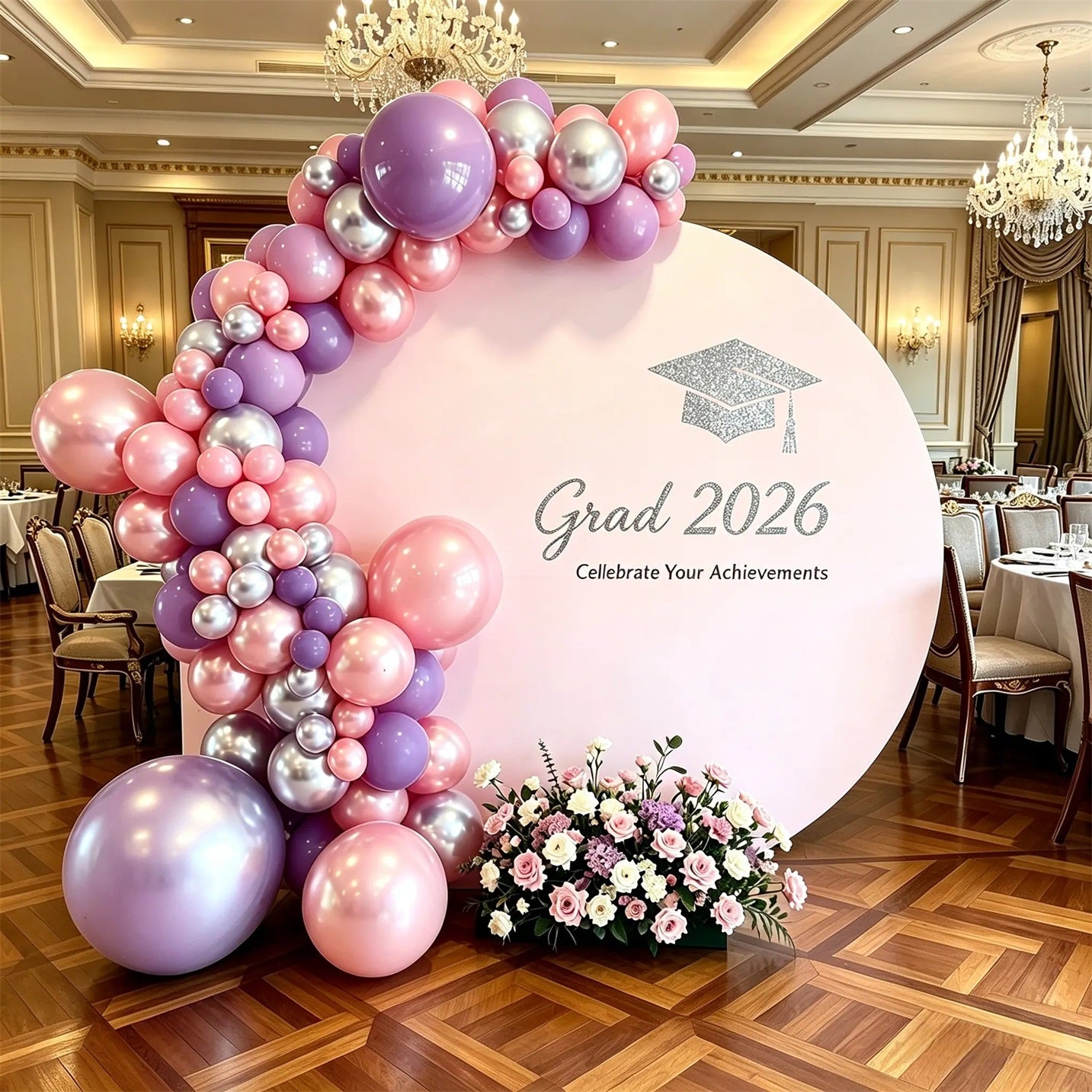 Graduation Round Backdrop Pink Silver Glitter Grad Personalized Graduation Round Backdrop CSH64-51