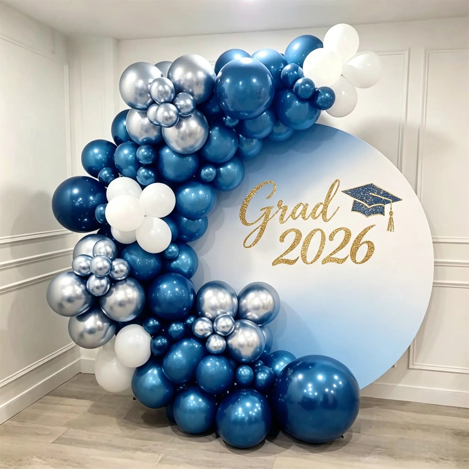 Personalized Graduation Round Backdrop Blue Gold Glitter Grad Custom G
