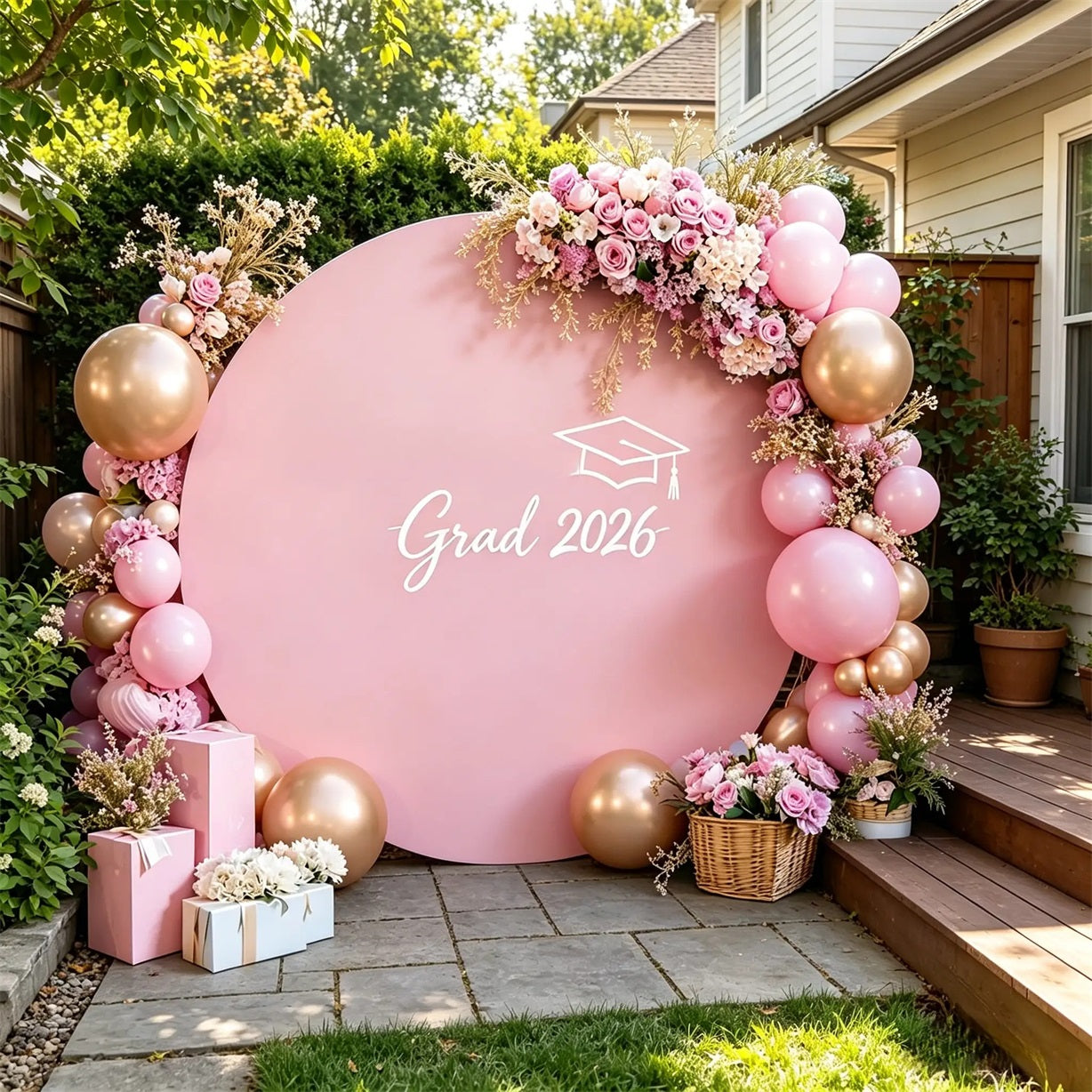 Class of 2026 Round Backdrop Pink White Minimalist Grad Personalized Class of 2026 Round Backdrop CSH64-55