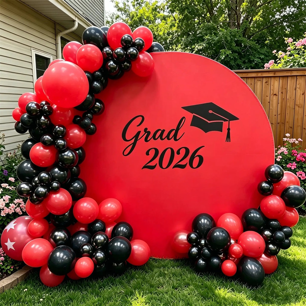Graduation Round Backdrop With Name Red Black Bold Grad Personalized G