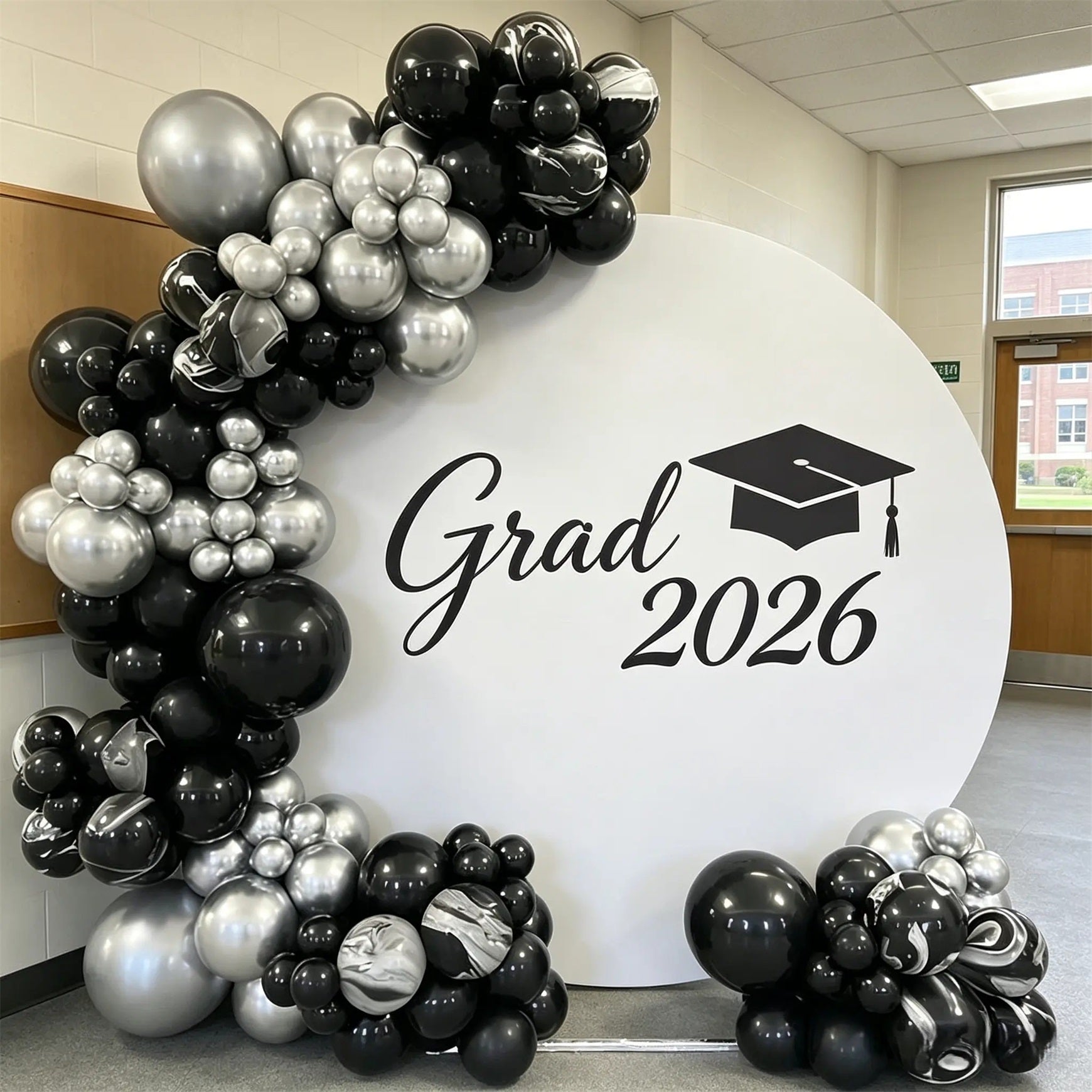 Graduation Round Photo Booth Backdrop White Black Simple Grad Round Graduation Photo Backdrop CSH64-59
