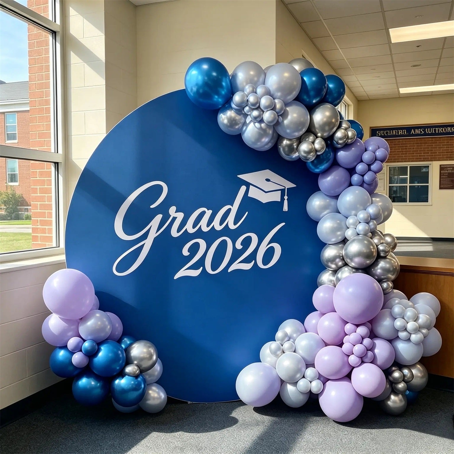 Congrats Grad Round Backdrop Blue White Elegant Grad 2026 Graduation R