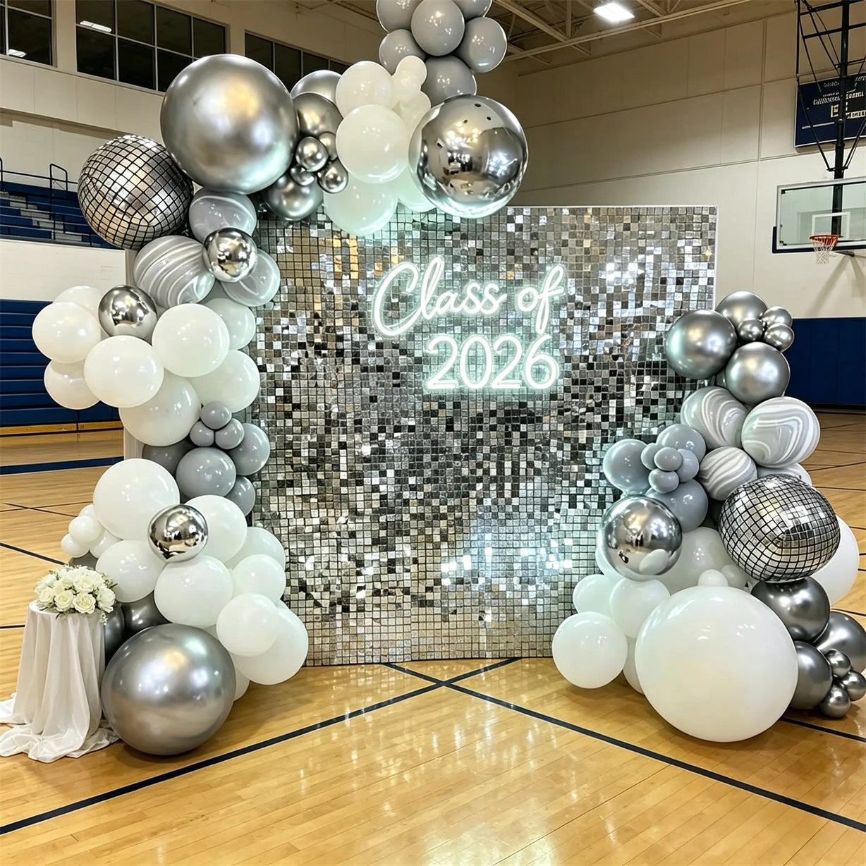 Graduation Shimmer Backdrop Class Of 2026 Neon Sign Silver Sequin Graduation Backdrop CSH64-64