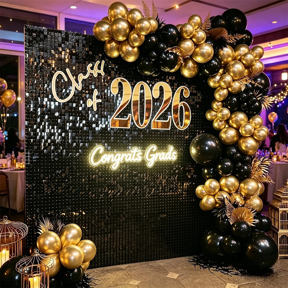 Graduation Shimmer Backdrop Congrats Grad Night Party Black Shimmer Graduation Backdrop With Neon Sign CSH64-67
