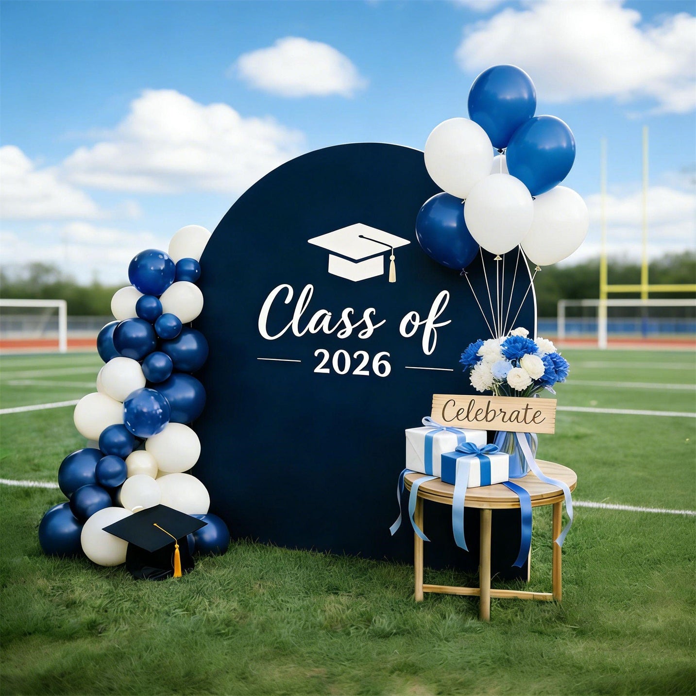 Graduation Photo Booth Backdrop Navy White Minimalist Cap Custom Graduation Photo Booth Backdrop CSH64-6