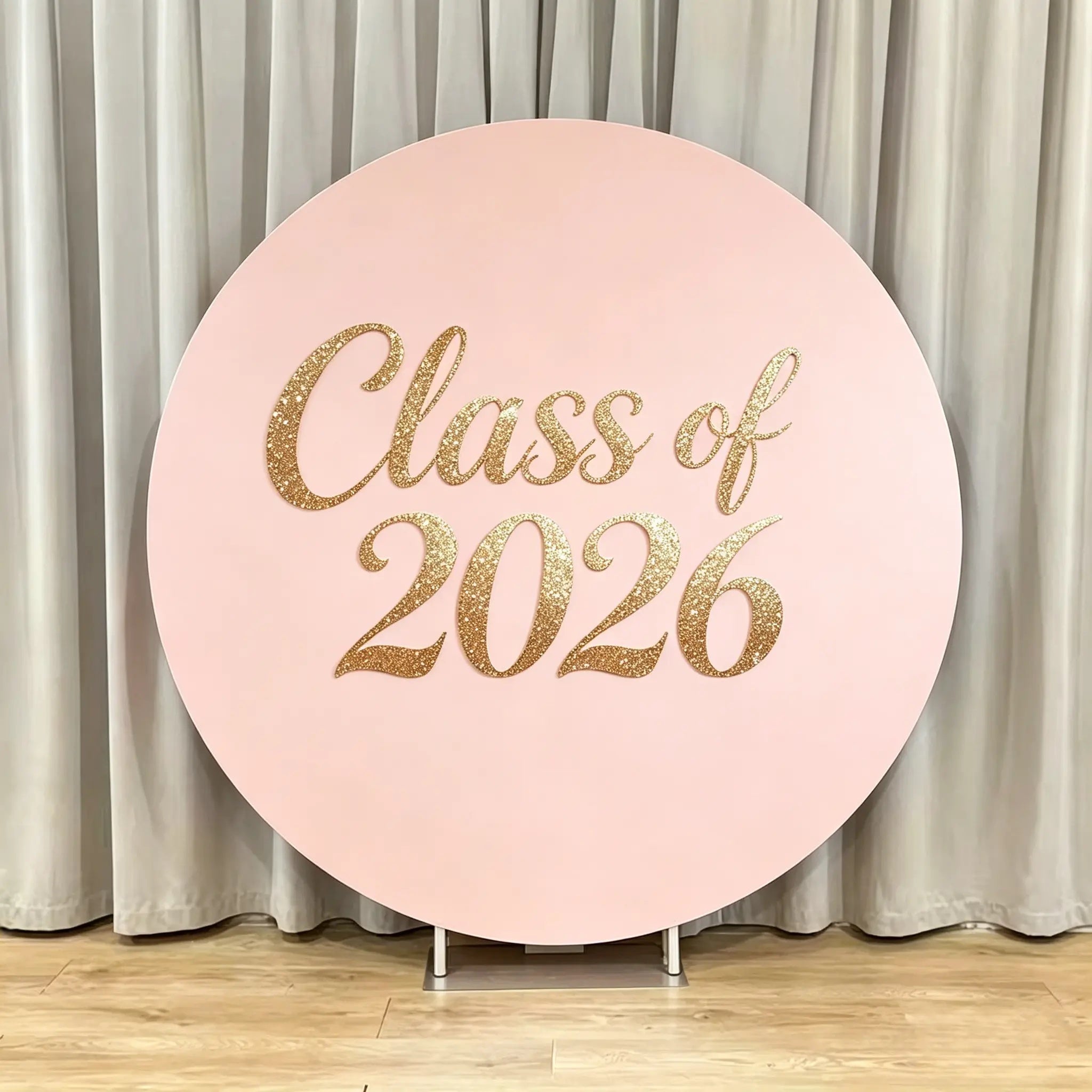 Round Graduation Backdrop Pink Full Gold Class of 2026 Pink Floral Round Graduation Backdrop CSH64-74