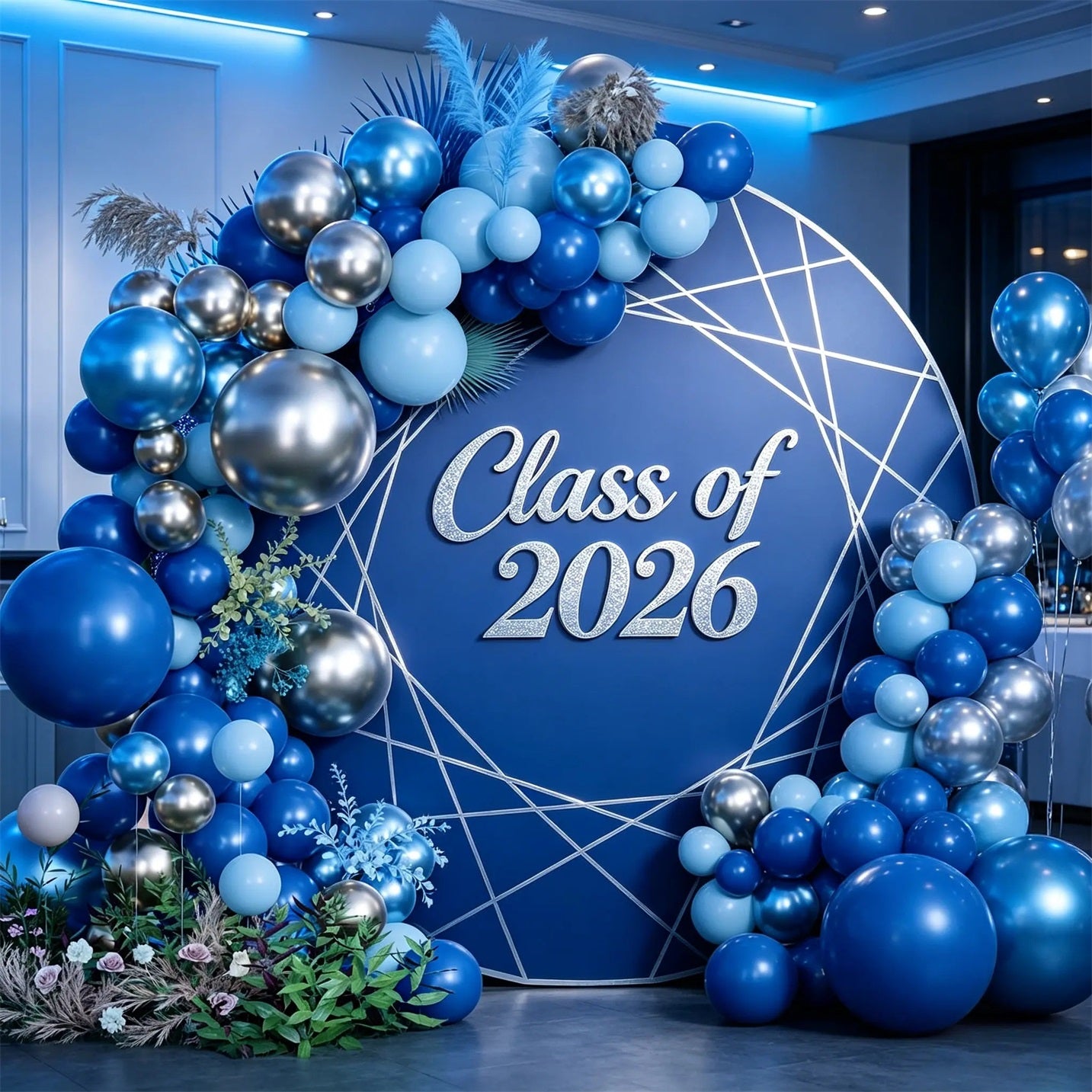 Round Graduation Backdrop Blue Silver Geometric Round Blue Silver Grad
