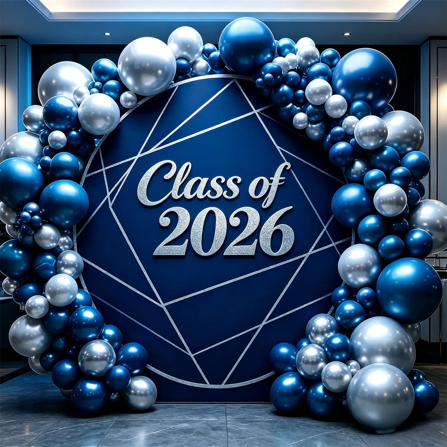 Round Graduation Backdrop Blue Silver Modern Geometric Blue Silver Geometric Graduation Backdrop CSH64-76
