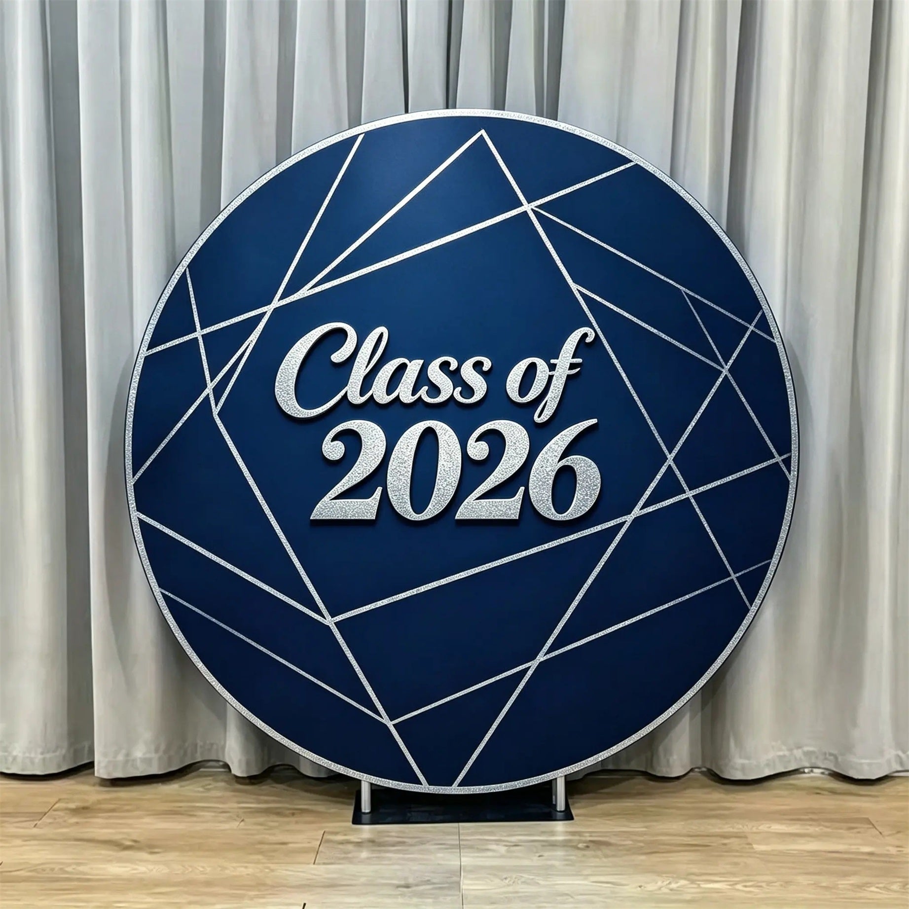 Round Graduation Backdrop Blue Silver Modern Geometric Blue Silver Geometric Graduation Backdrop CSH64-76