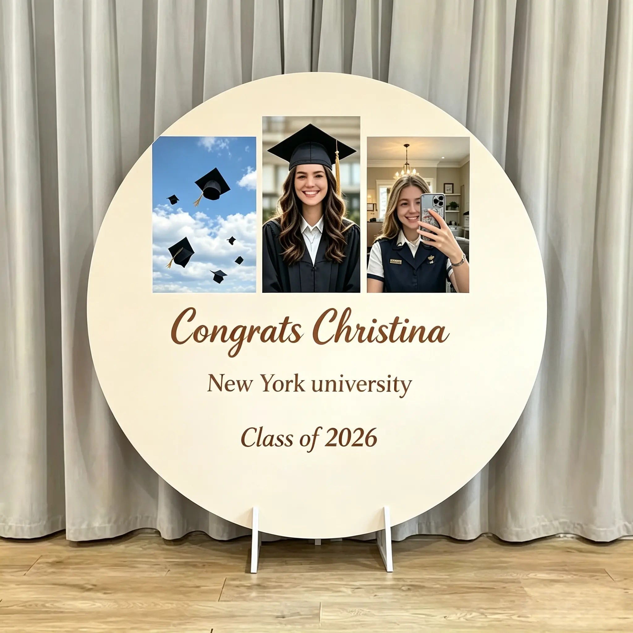 Custom Round Graduation Backdrop Beige Custom Name School Personalized Photo Collage Round Graduation Backdrop CSH64-77