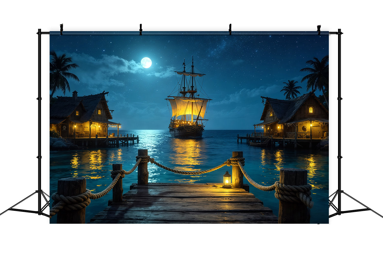 Caribbean Backdrop Moonlit Pirate Harbor Sailing Ship Summer Backdrop CSH64-78