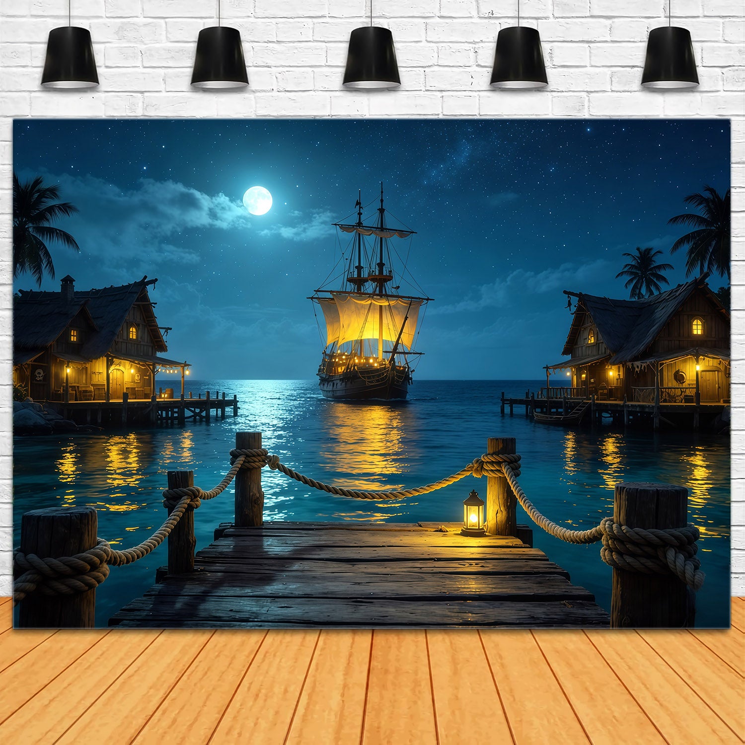 Caribbean Backdrop Moonlit Pirate Harbor Sailing Ship Summer Backdrop CSH64-78