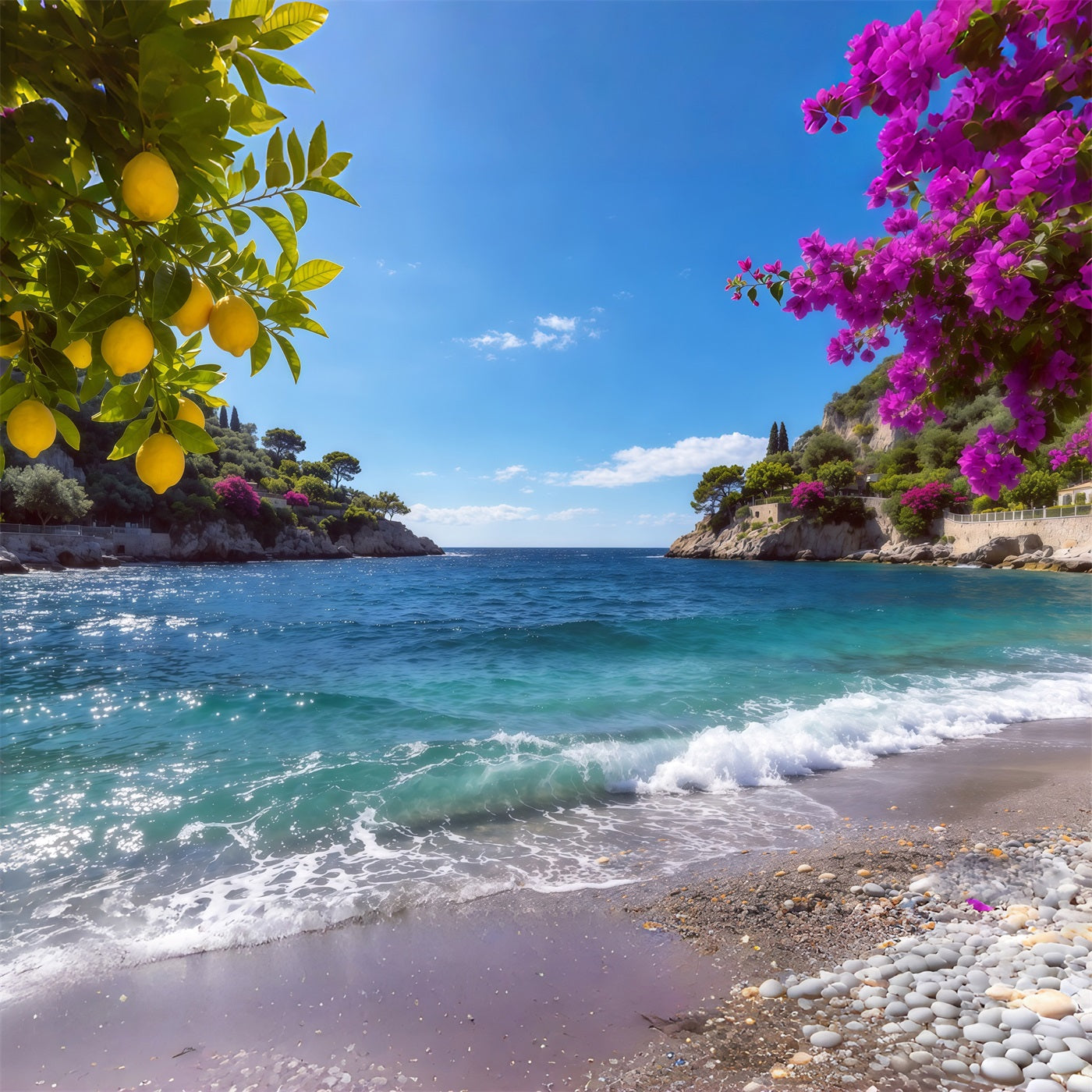 Amalfi Coast Backdrop Lemon Blossom Coastal Blue Cove Summer Photo Backdrop CSH64-80