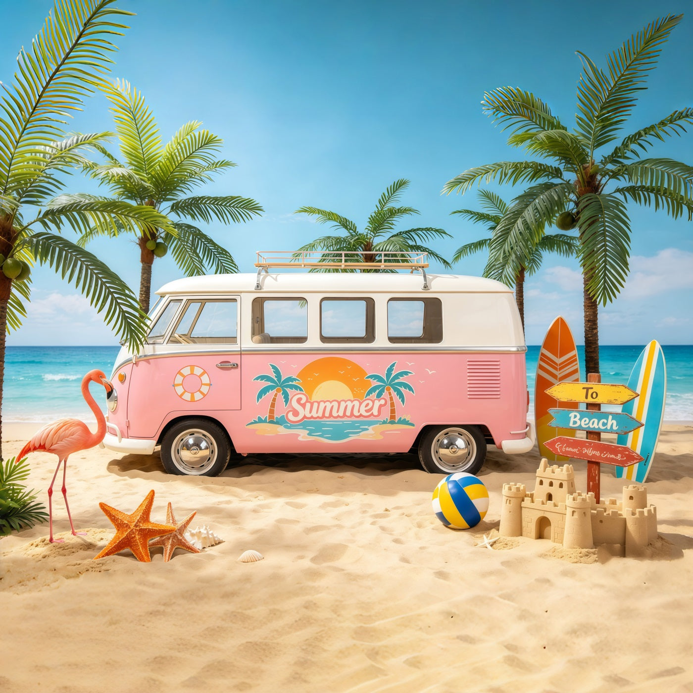 Beach Backdrop Sea Retro Van Palm Paradise Beach Photo Backdrop CSH64-85