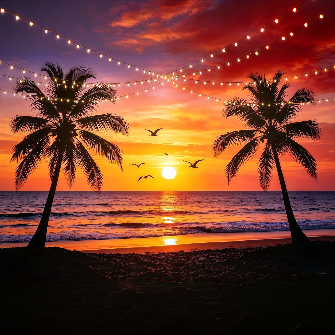 Beach Backdrop Sunset Palm String Light Sea Beach Backdrop For Photos CSH64-87