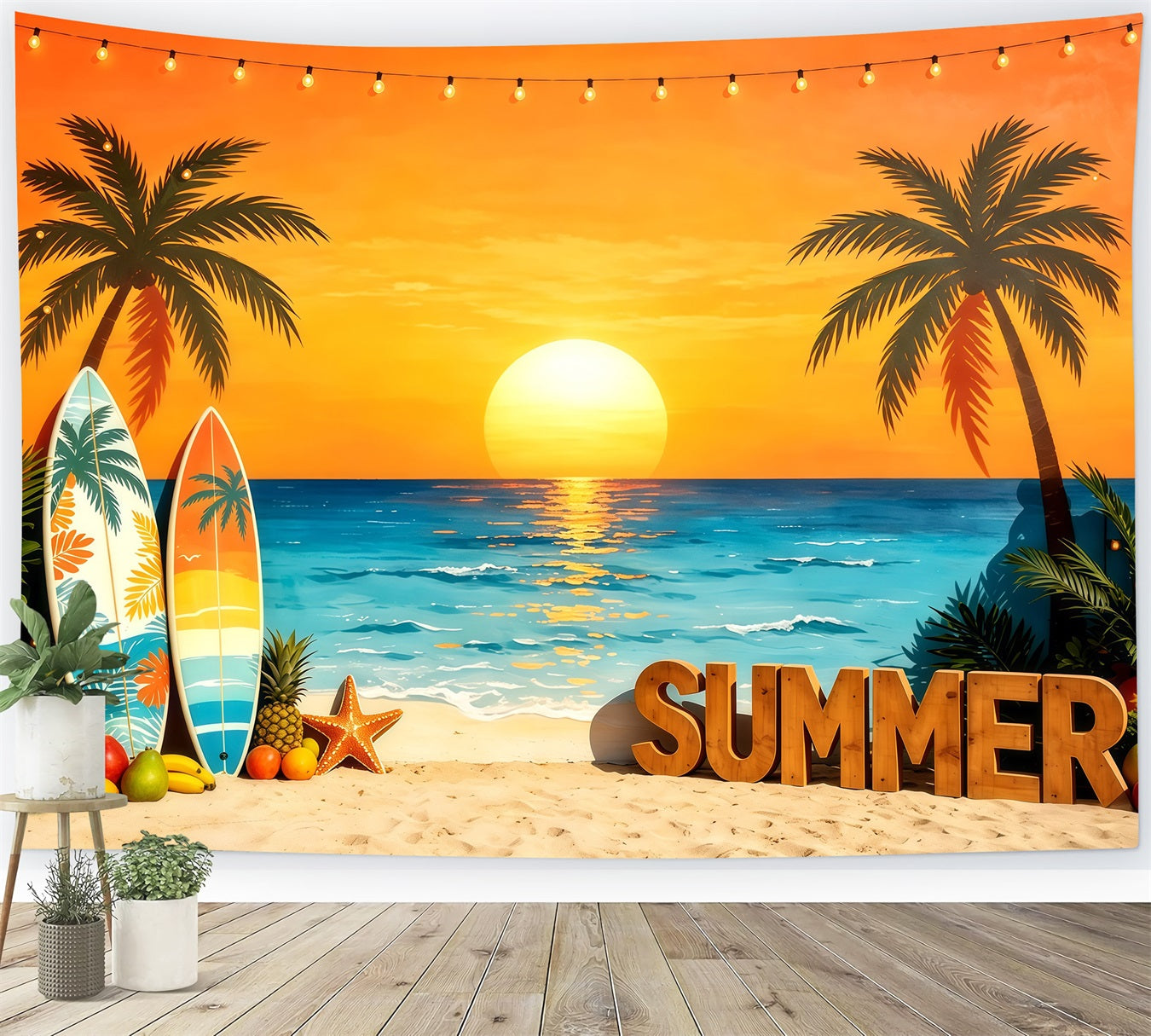 Beach Backdrop Sunset Surfboard Tropical Fruit Beach Summer Photo Back