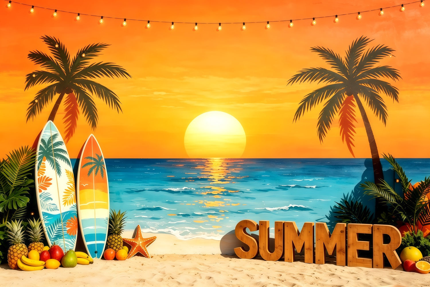 Beach Backdrop Sunset Surfboard Tropical Fruit Beach Summer Photo Backdrop CSH64-90
