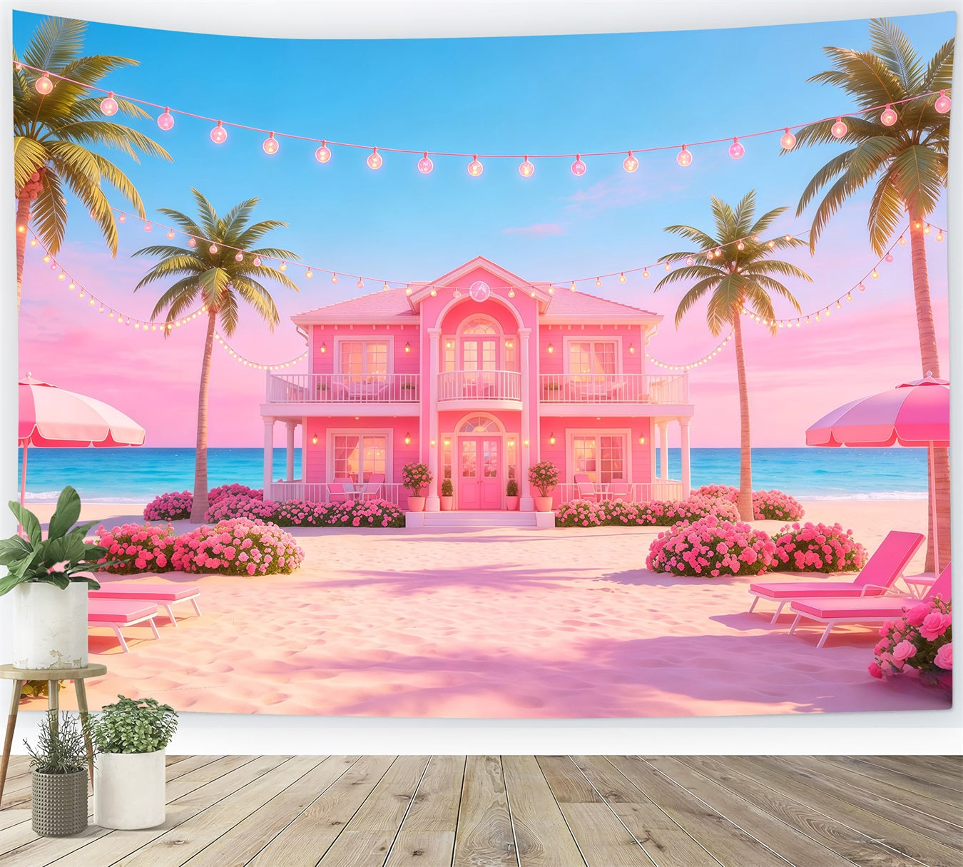 Beach Backdrop Pink Coastal Villa String Lights Beach Photo Backdrop CSH64-92