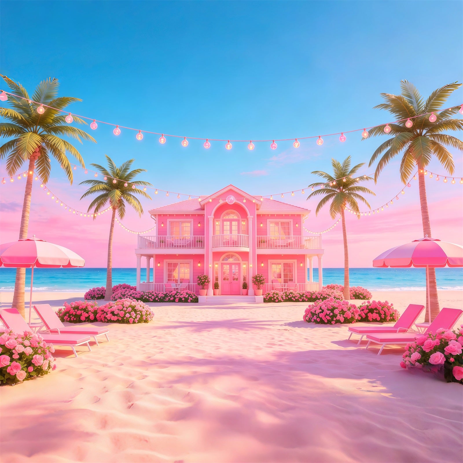 Beach Backdrop Pink Coastal Villa String Lights Beach Photo Backdrop CSH64-92