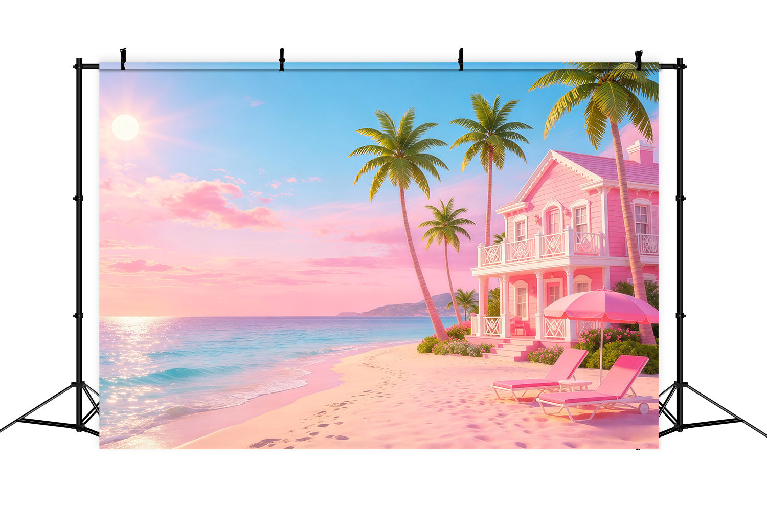 Beach Backdrop Pink Sea House Ocean Escape Beach Photo Backdrop CSH64-93