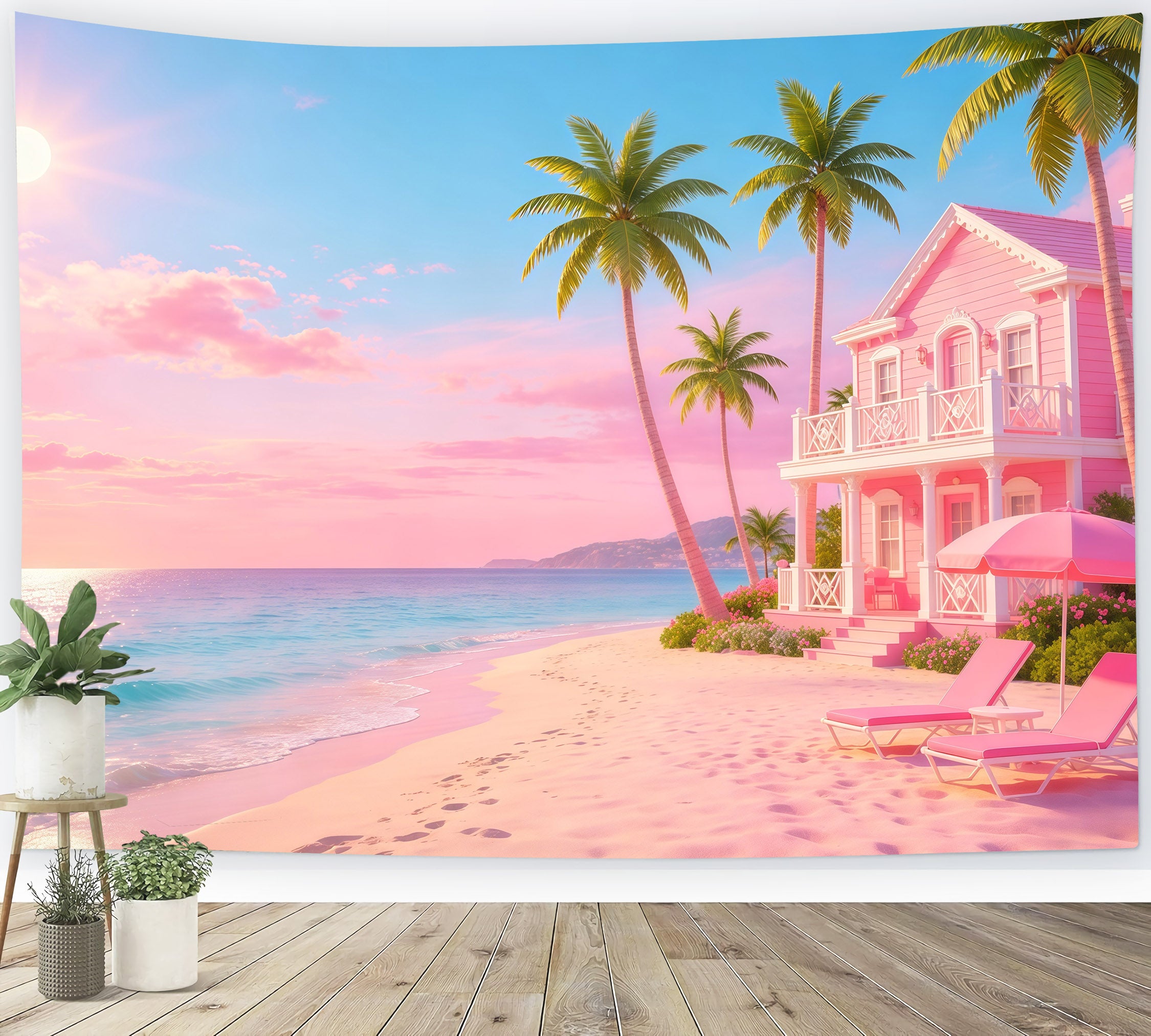 Beach Backdrop Pink Sea House Ocean Escape Beach Photo Backdrop CSH64-93