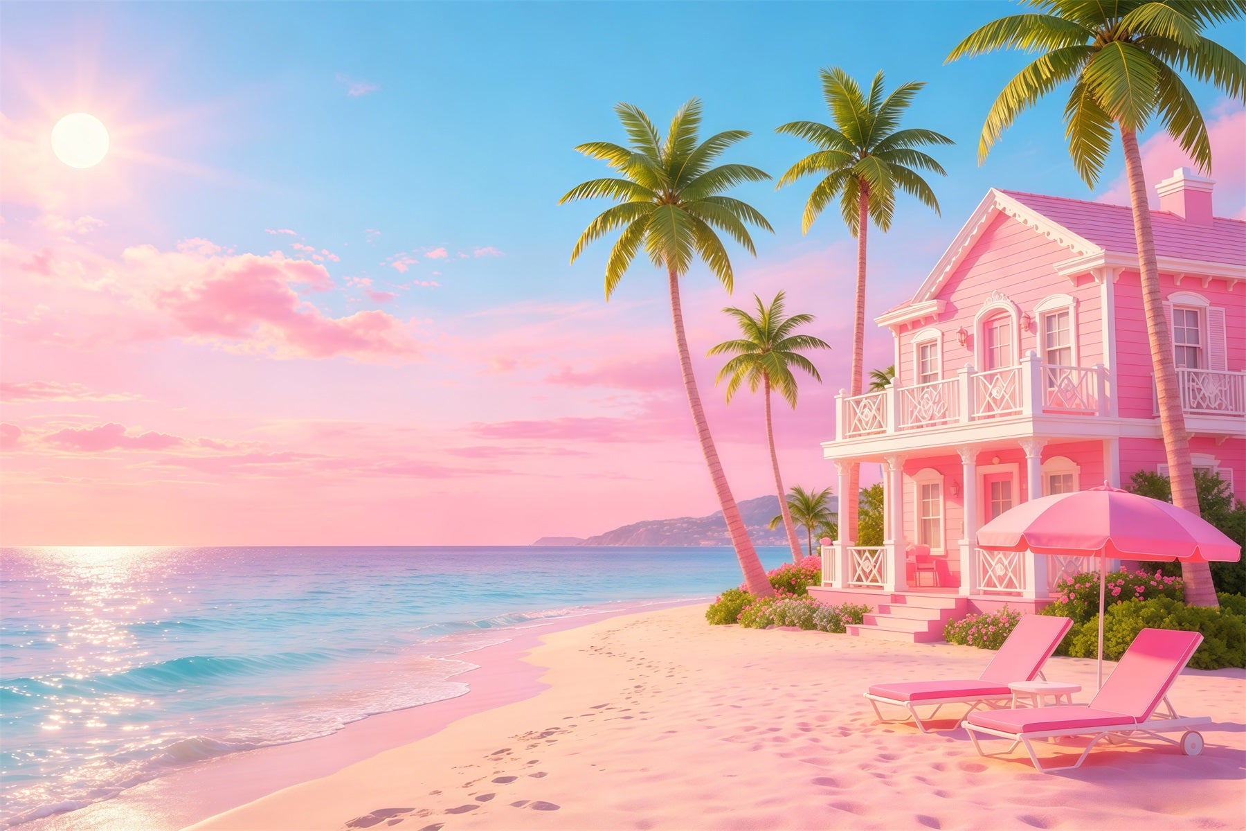 Beach Backdrop Pink Sea House Ocean Escape Beach Photo Backdrop CSH64-93